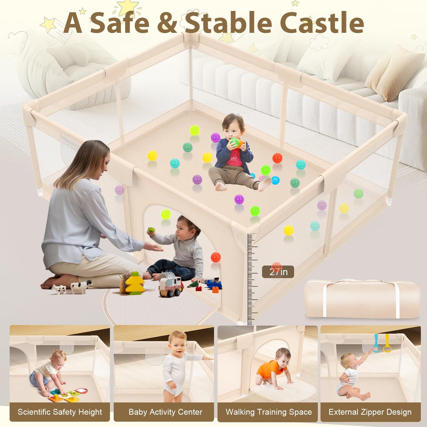 Playpen for Babies and Toddlers 50x50 inch - Baby Gate Playyard with Soft Breathable Mesh Cover - Indoor and Outdoor Baby Play Pen - Portable Playpen for Babies (Apricot)