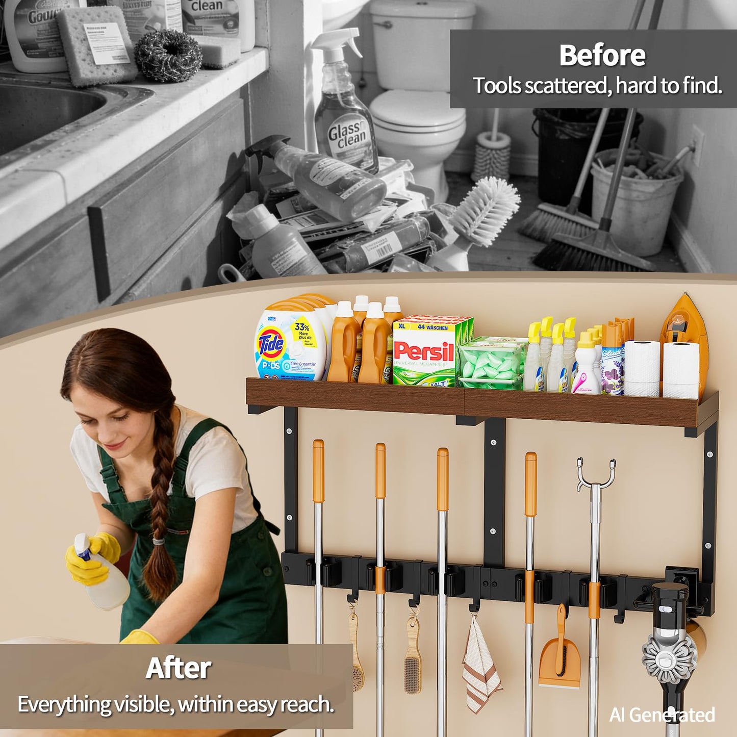 Broom Holder Wall Mount with Cleaning Supplies Organizer, Laundry Room Shelves with Mop Hanger Rack Gripper Hooks and Vacuum Organizer, Broom and Mop Organizer Wall Hanging for Home Garage Kitchen