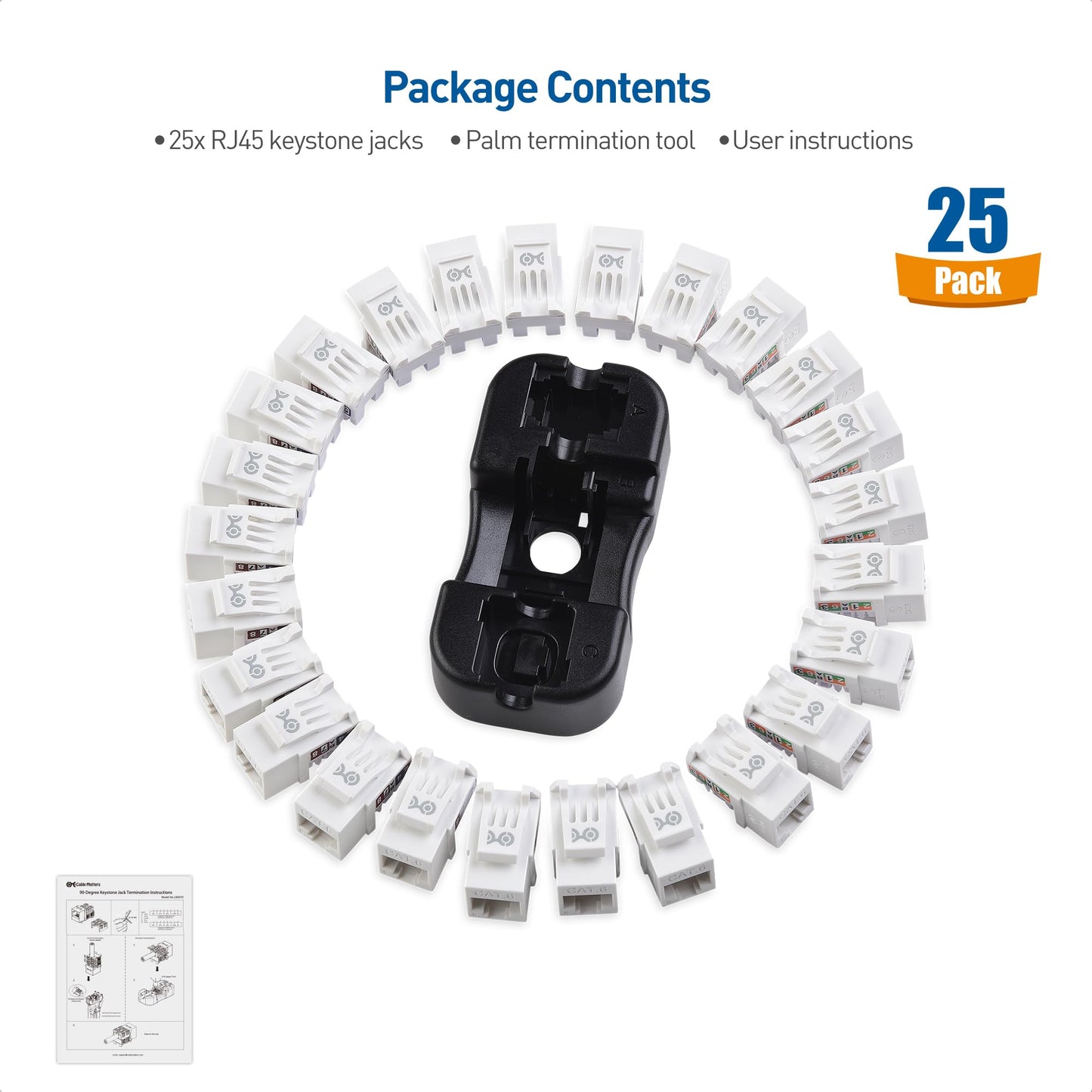 Cable Matters [UL Listed] 25-Pack 10Gbps Rapid-Install Cat6 Keystone Jacks, Slim Profile Ethernet Keystone Jack, RJ45 Keystone Jack with Punch-Down Stand, White (Model 180070)