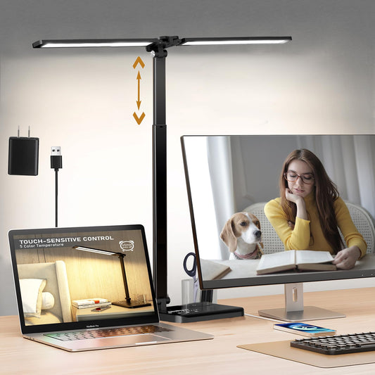 CHARYJOD Retractable Dimmable LED Desk Lamp with USB Charging Port, 50 Lighting Modes Dual Swing Arm Architect Adjustable Table Lamp Light Desk Lamp for Home Office Dorm Piano Nail, Black