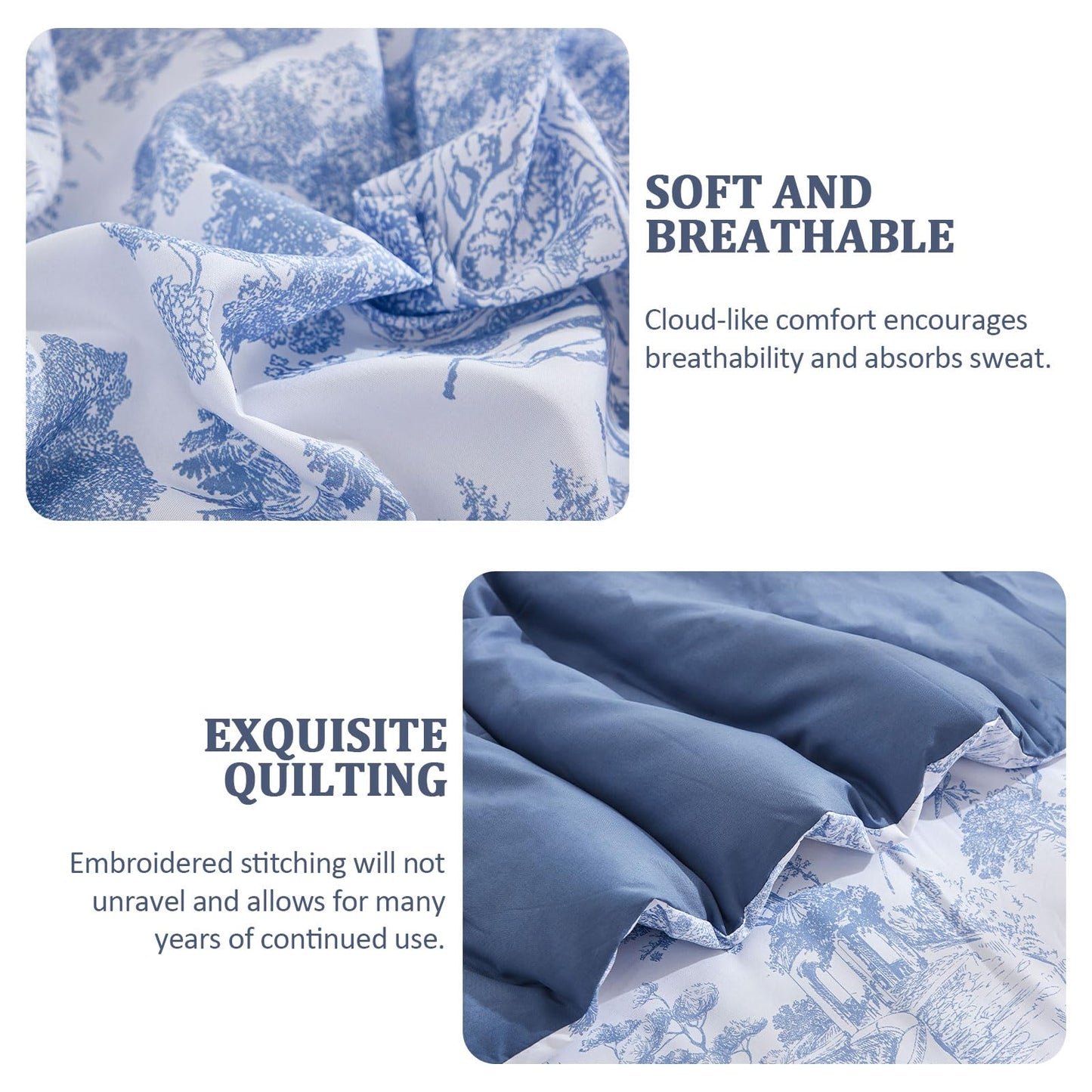 DJY Blue Comforter Set Queen, 7 Pieces Bed in a Bag Queen Size Botanical Comforters with Sheets Elegant Plants Print Soft Microfiber Reversible Complete Bedding Sets for All Season