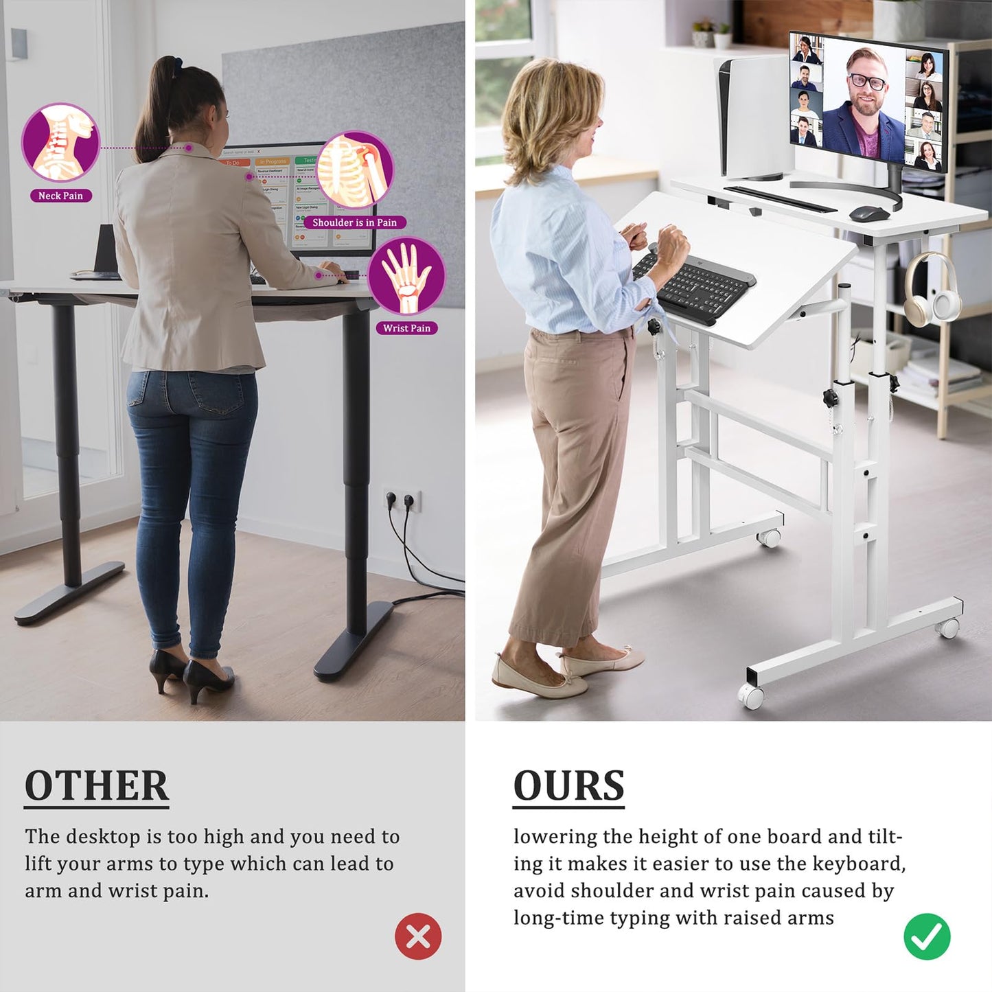 Enayplon Small Standing Desk with Wheels, Mobile Stand Up Desk, Portable Standing Table on Wheels for Walking Pad, Rolling Computer Desk Adjustable Height, Tall Table