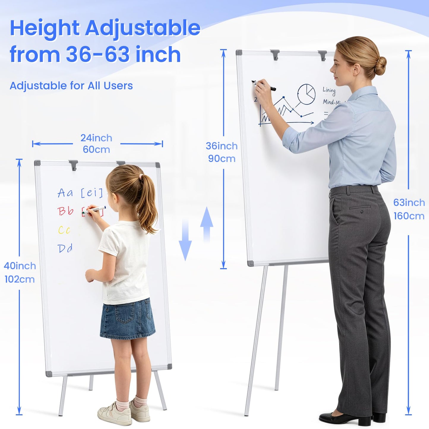 MAKELLO White Board with Stand, Portable Whiteboard Easel 3'x2' for Office Classroom Home School, Adjustable Height, Aluminum Frame, 36x24in