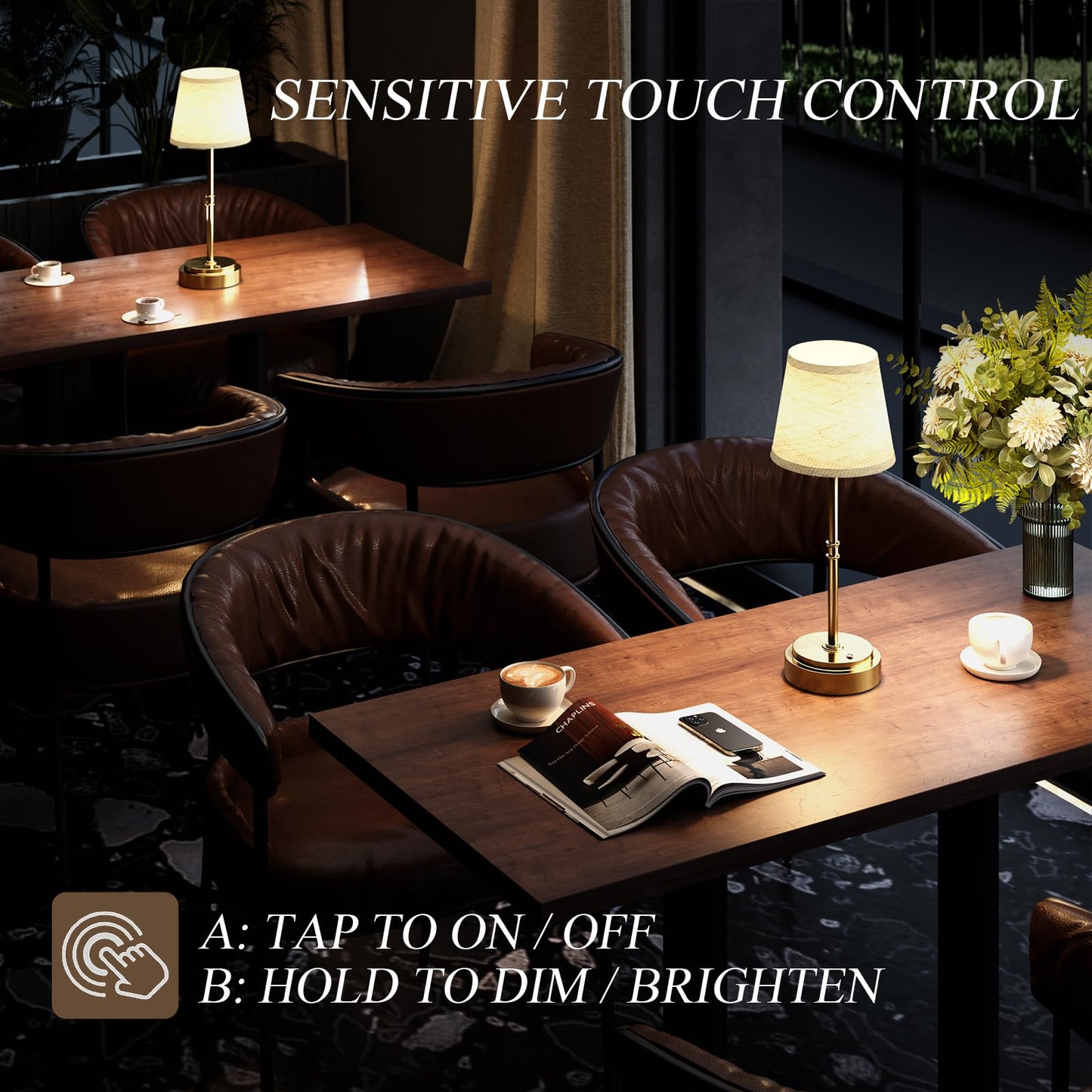 Cordless Table Lamp Rechargeable - Portable LED Desk Lamp for Dining Room,Bedroom,Patio - 2-in-1 Adjustable Height (16"/11") Touch Light - Stepless Dimmable(Warm White) (Antique Brass, 2 Pack)