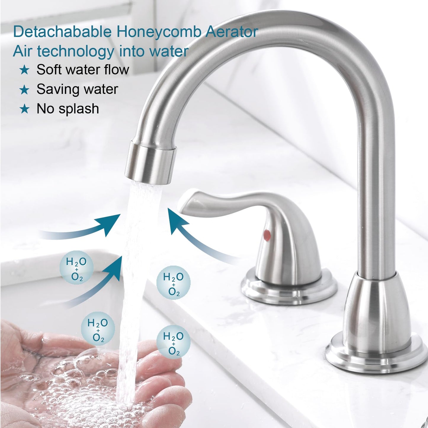 RKF Bathroom Faucets for Sink 3 Hole Brushed Nickel 8 inch Widespread Bath Sink Faucet with Drain Double Lever Handle Vanity Basin Mixer Tap with Hose&Deck RKF03011