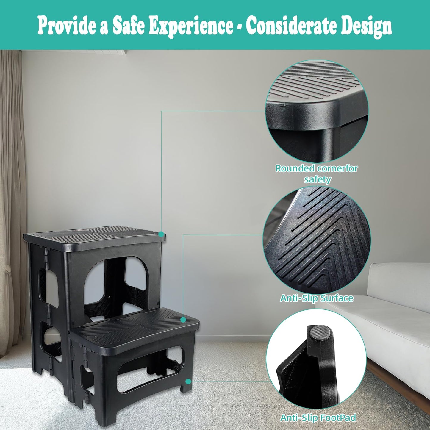 MavHubrix 2-Step Folding Stool Ladder,Non-Slip Portable Collapsible Step Stool for Kitchen Bathroom Home RV Closet Office, 16.5" Heights, Holds 300 lbs,Foldable Lightweight Design only 4.6Ibs (Black)