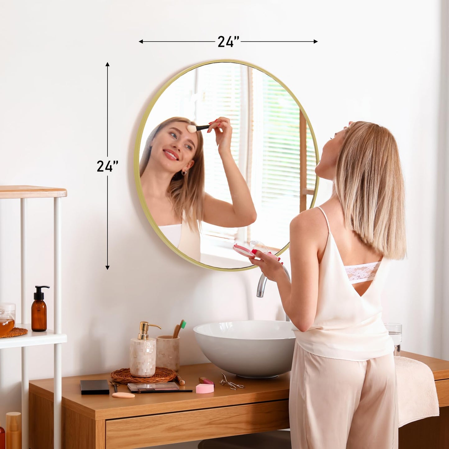 Sweetcrispy 24 Inch Round Wall Mirror with Tempered Glass, Bathroom Mirror Over Sink, Anti-Fog & Waterproof Round Mirrors for Bathroom, Entryway, Bedroom, Shatterproof Design, Gold
