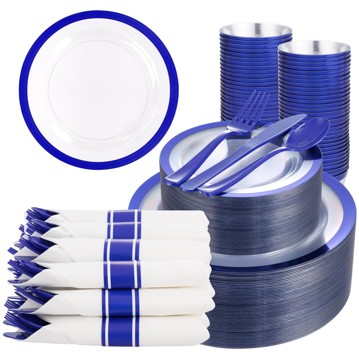 Liacere 350PCS Blue Plastic Plates - Clear with Blue Trim for 50Guests Dinnerware Include 100 Clear Plates disposable 150 Silverware 50Napkins for Wedding＆party&Graduation&Independence Day