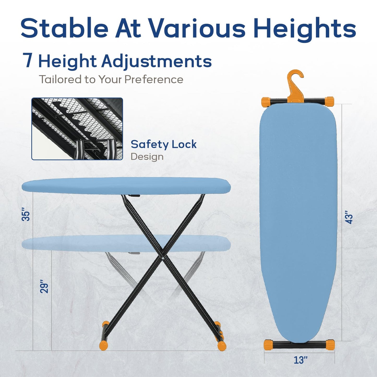 RAINHOL Compact Ironing Board Full Size 43x13 with Extra Thick Padded Cover, Height Adjustable Iron Board with Hanger, Easy to Fold Space Saver Design for Dorm Apartment Small Laundry Rooms, Blue