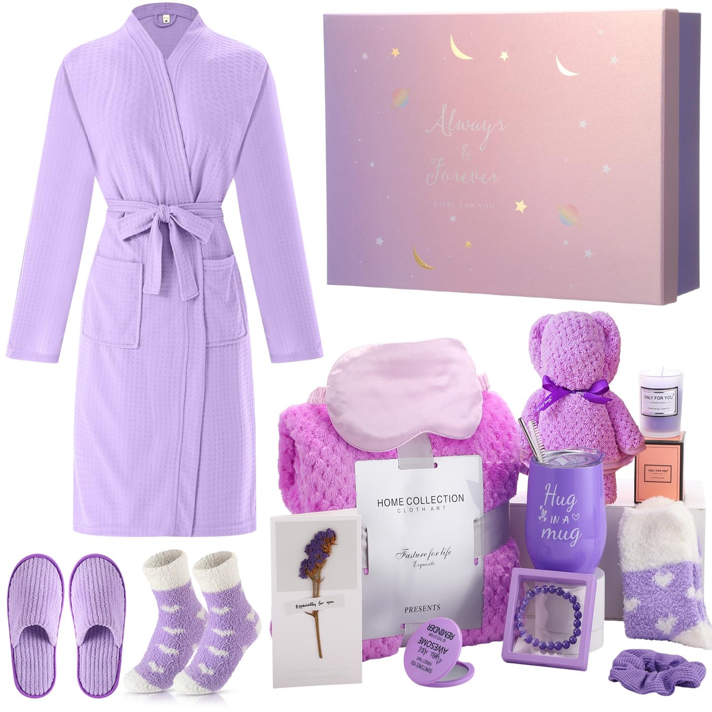 Sieral 14 Pcs Birthday Gifts for Women Care Blanket Gifts Set Spa Baskets Get Well Soon Gift Baskets Mother's Day Gift for Women Mom Her Girlfriend Sister Daughter Friend Wife Grandma(Plain,Purple)