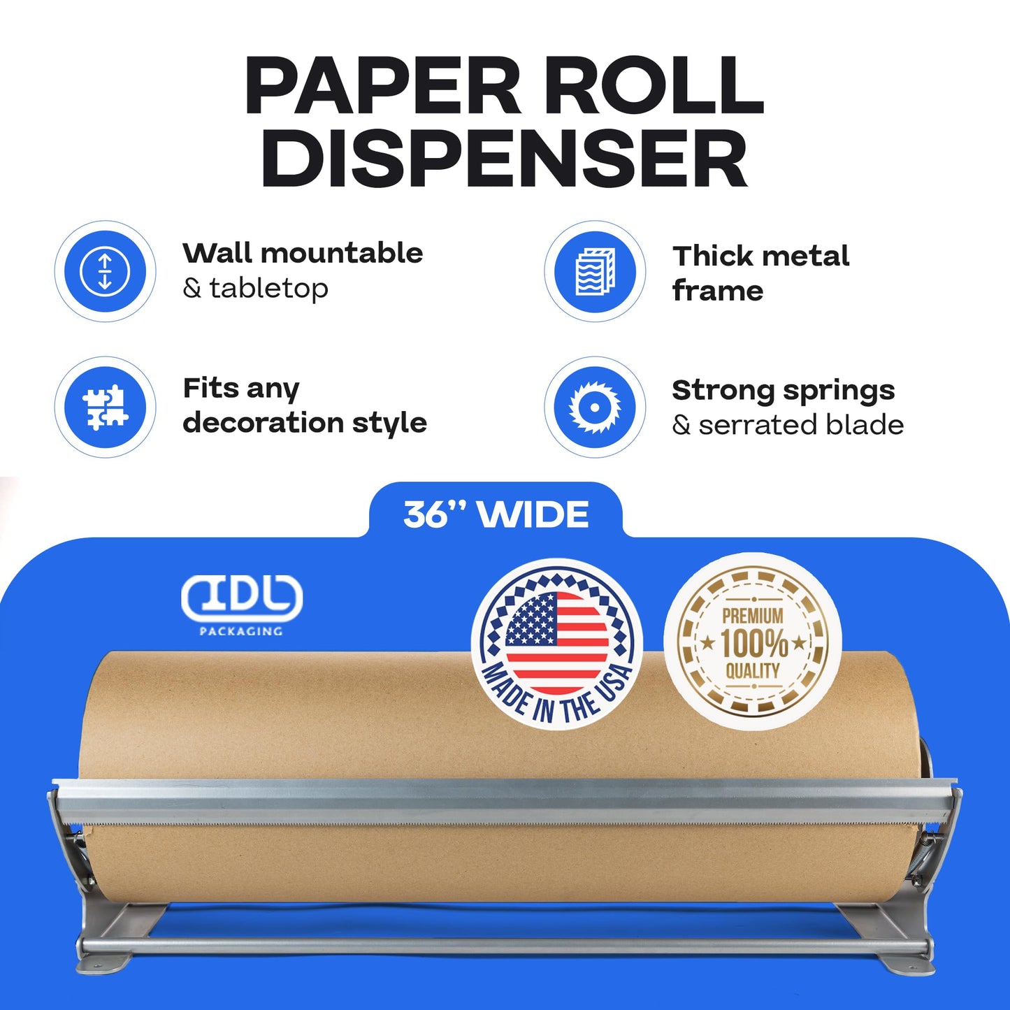IDL Packaging 36" Kraft Paper Roll Dispenser & Cutter for Rolls up to 36" Wide and 9" in Diameter – Tabletop Reinforced Steel Paper Holder with a Cutter – for Kraft and Butcher Paper
