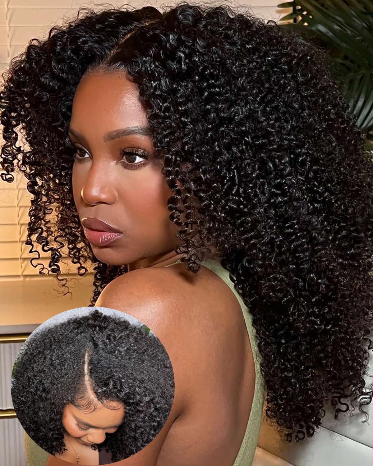Vshow Glueless Wigs V Part Wig Human Hair Afro Curly Wig No Leave Out Thin Part Human Hair Wig Beginner Friendly 180% Density Upgrade U part Kinky Curly Wigs 20Inch