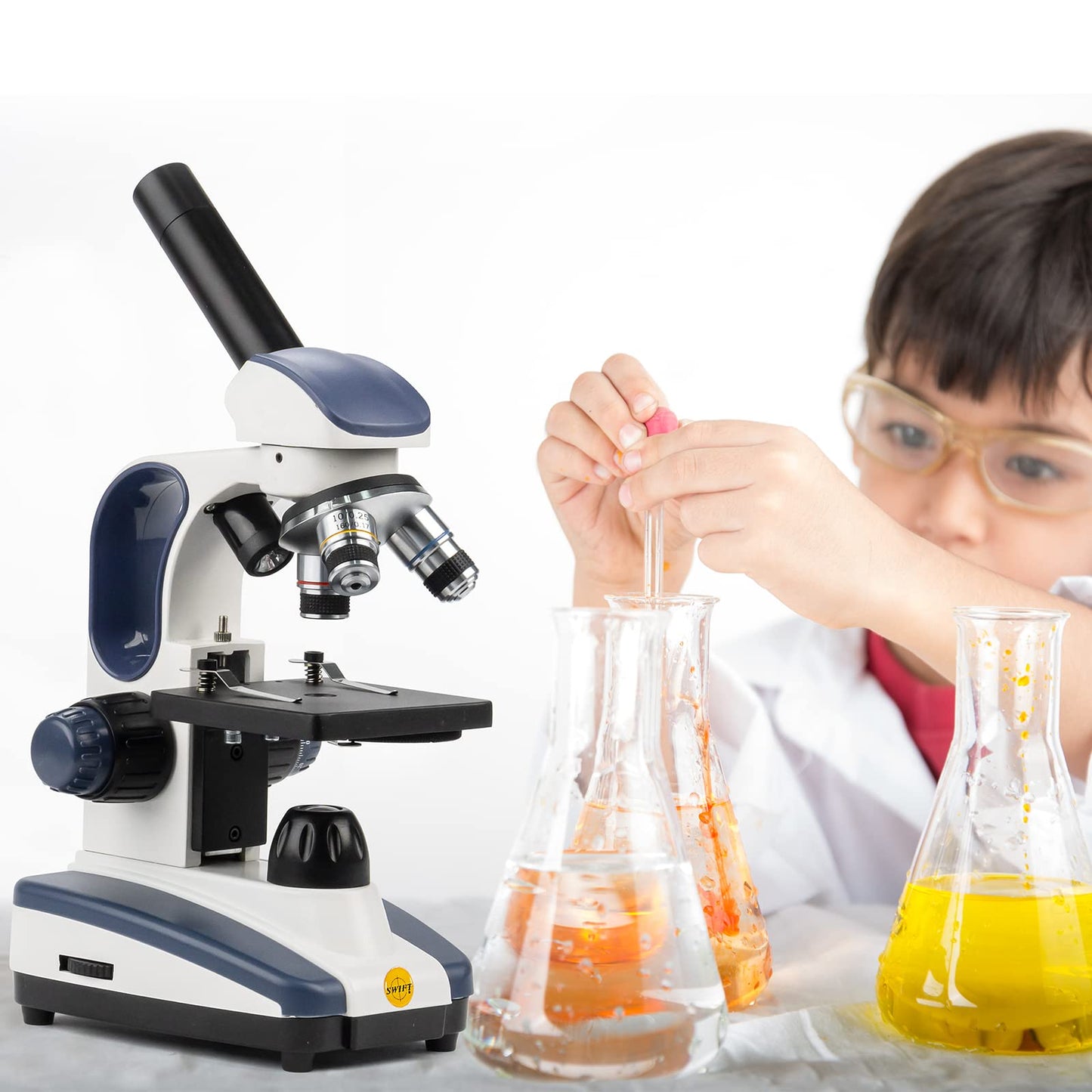 SWIFT Compound Monocular Microscope SW200DL with 40X-1000X Magnification, Dual Light, Precision Fine Focus, Wide-Field 25X Eyepiece and Cordless Capability for Student Beginner