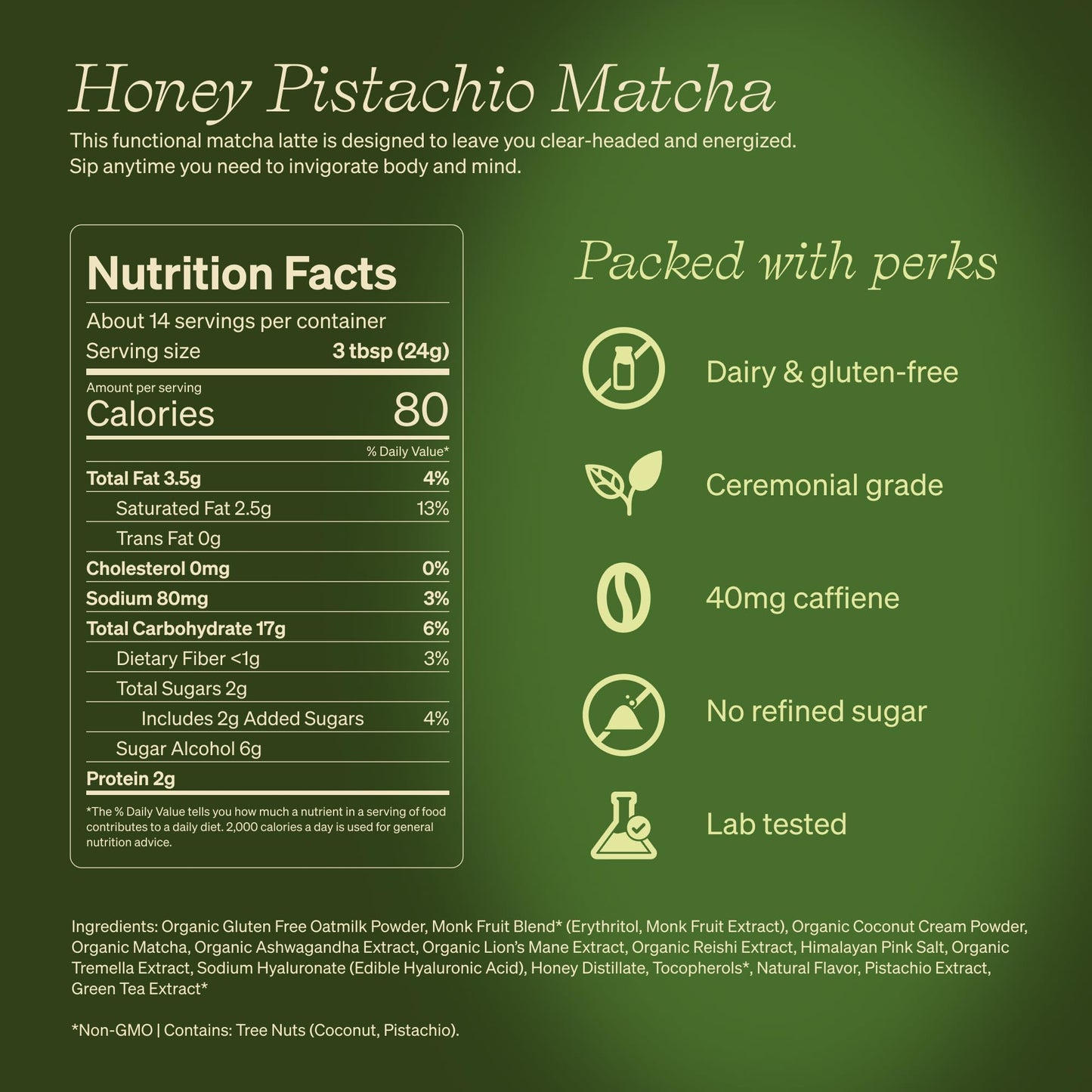 Clevr Pistachio Matcha SuperLatte, Organic Ceremonial Grade, Instant Superfood Powder Blend with Lions Mane, Reishi Mushroom, Coconut Cream, Ashwagandha, Serve Hot or Iced (14 Lattes)