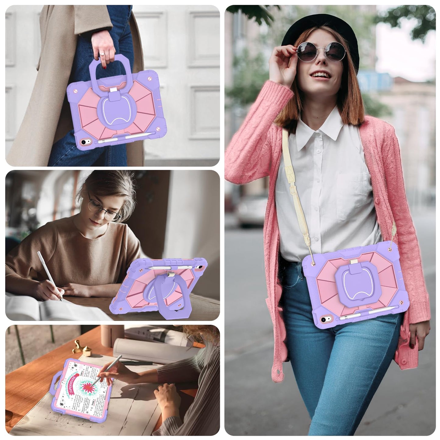 WESOROL Case for iPad (A16) 11th/10th Generation 2025/2022 with Screen Protector Rotating Stand Pencil Holder iPad Case 10th Generation Shockproof Cover for iPad 11th/10th Gen Cases Kids,Purple Rose
