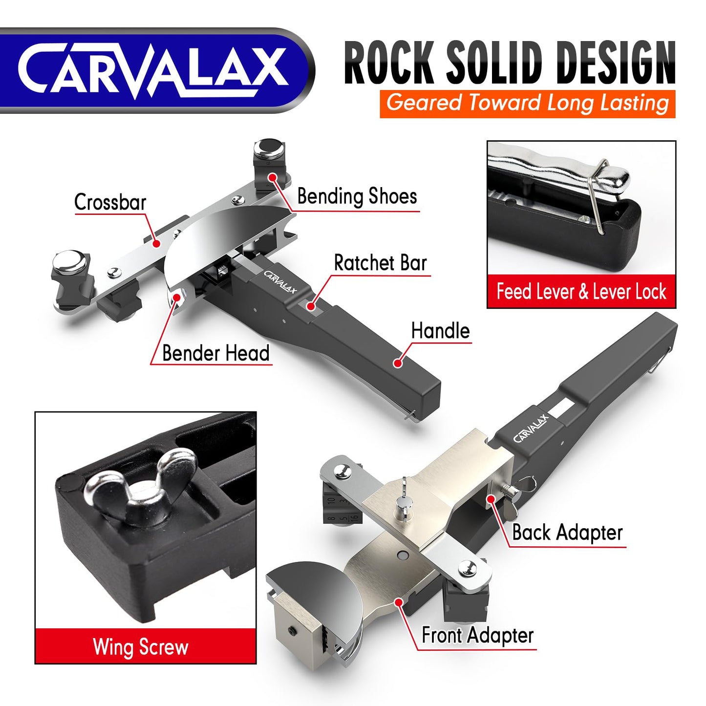 CAVALAX Aluminum Pipe Tube Bender Set with 7 Electroplated Bender Heads, for 1/4” to 7/8” O.D, 90° Ratcheting Tubing Bender w/Reverse Bending Adapters, for HVAC, Air Conditioning, and Heating Repair