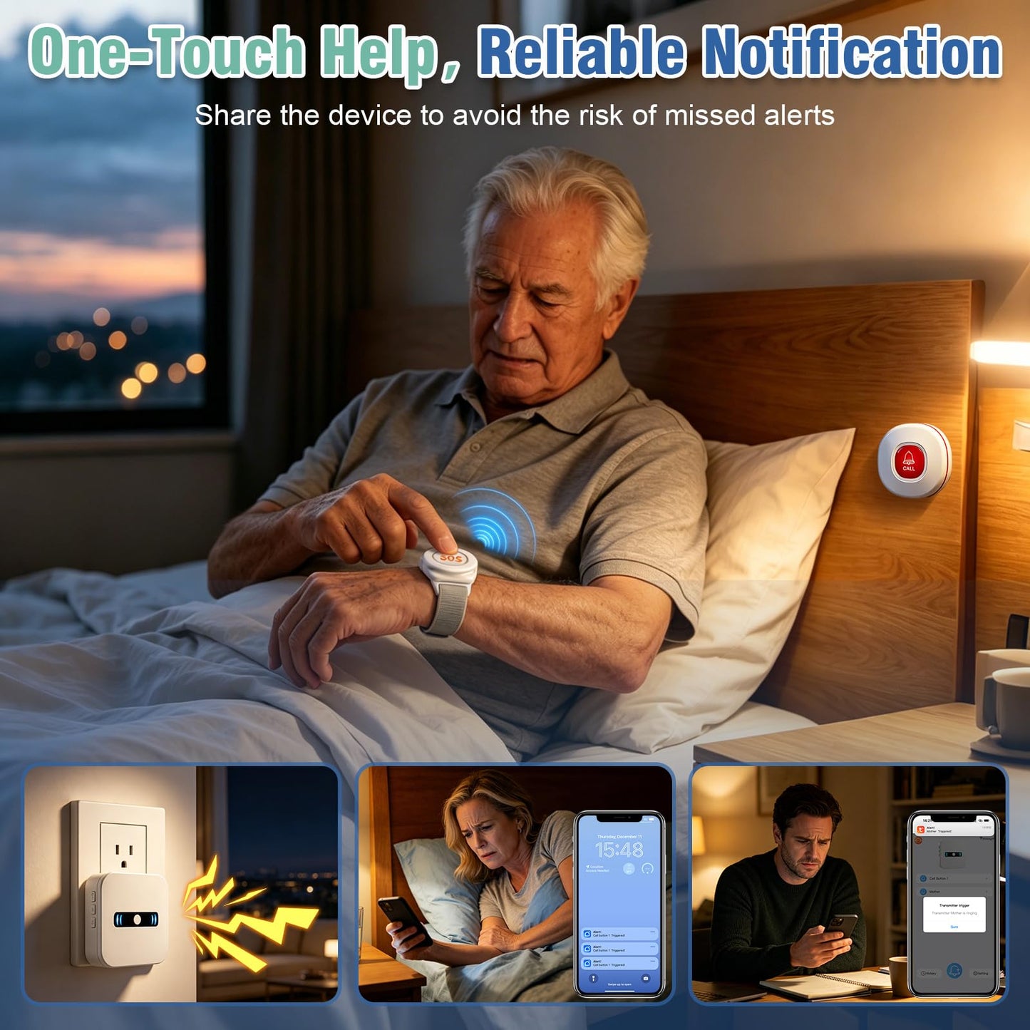Daytech Wi-Fi Wireless Caregiver Call Button for Elderly/Patient, App Alert Systems for Seniors 、Patients and People with Disabilities （ 1 SOS Alert Watch + 1 Wireless Call Buttons + 1 Receiver）