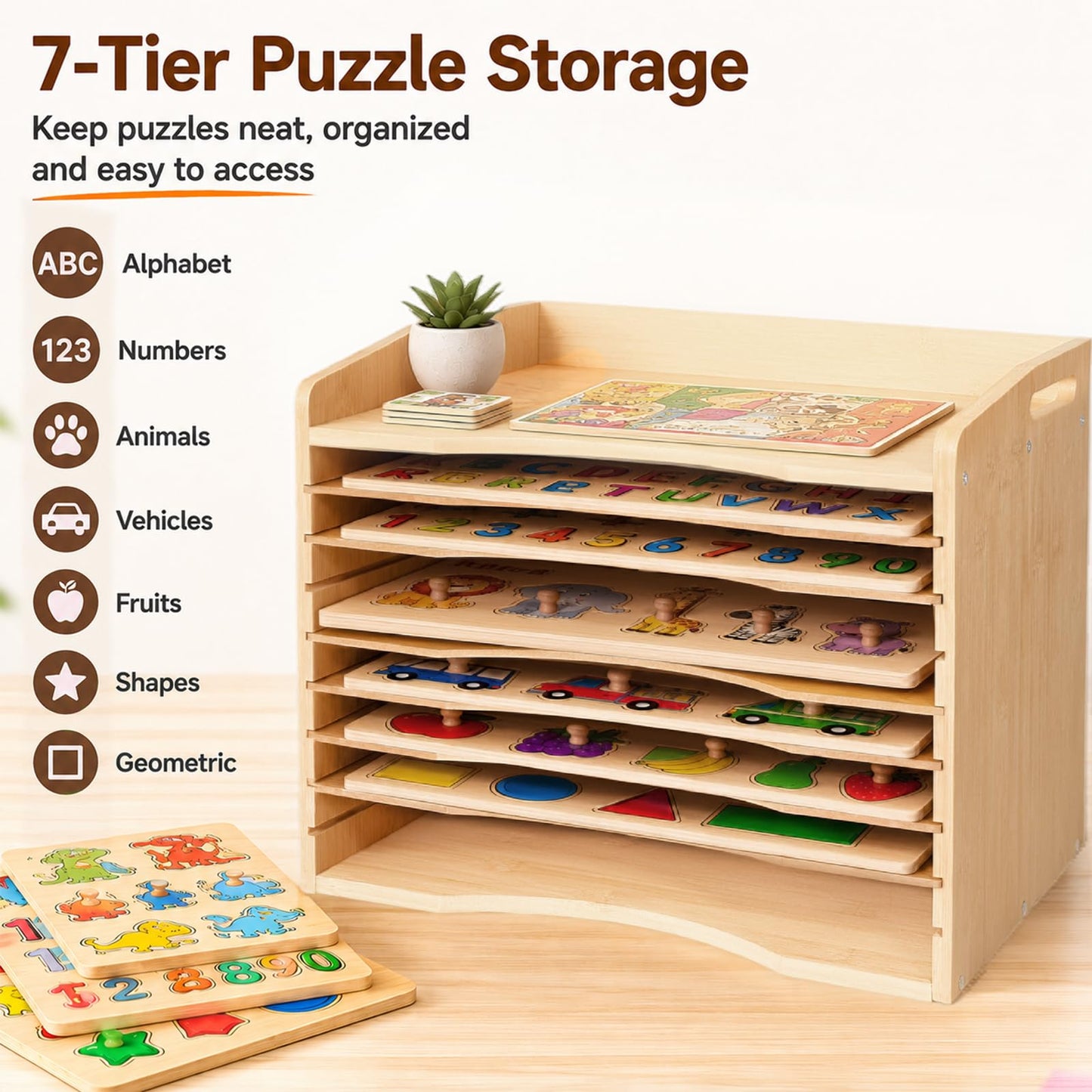Bamboo Puzzle Holder Rack, 7-Tier Wooden Art Drying Rack, Removable Paint Drying Rack, for School Home Office