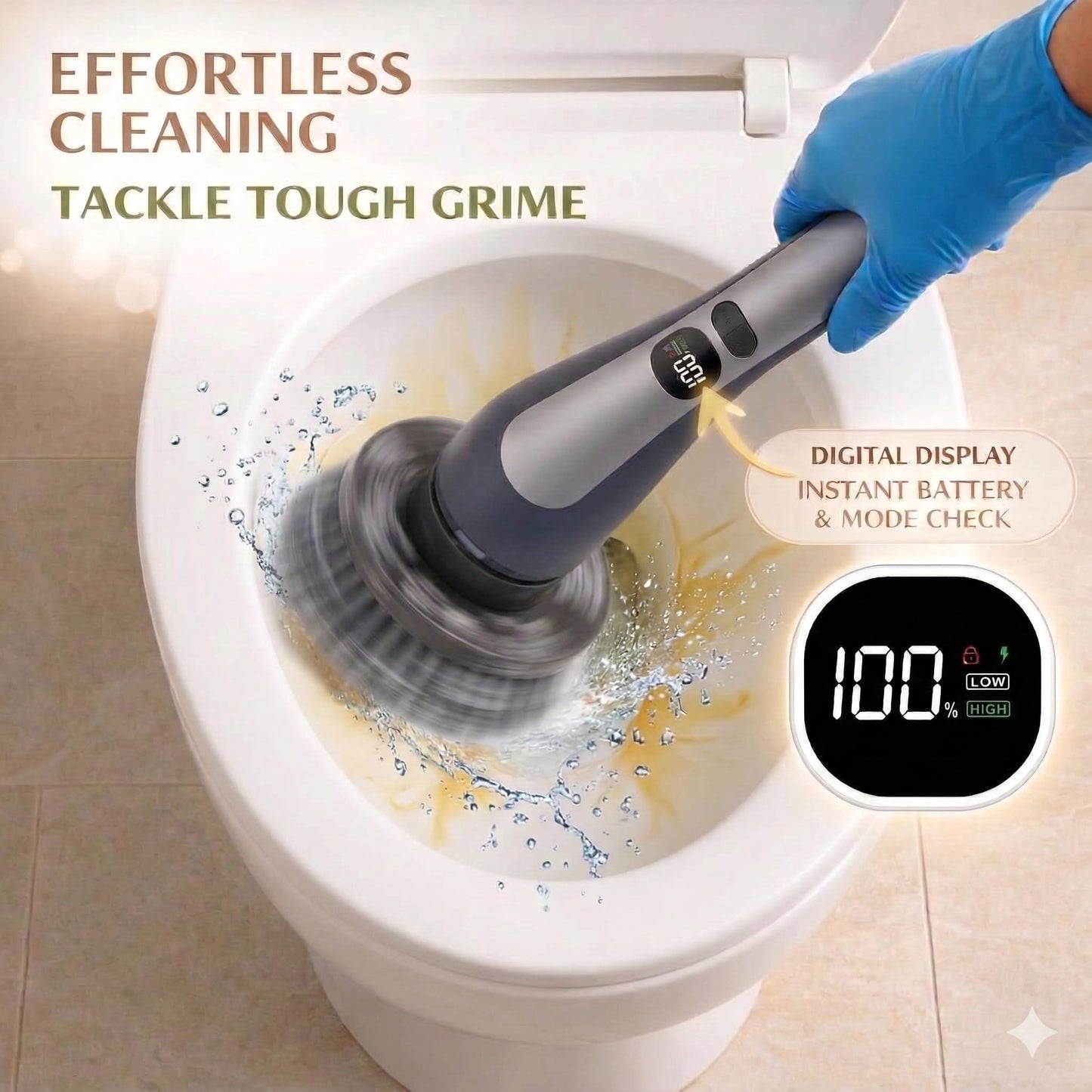 LIVINGPRO Electric Spin Scrubber with LCD Display, Cordless Cleaning Scrubber for Home, Upgraded 70W Dual Speed Motor, IPX7 Waterproof Power Scrubber, 7 Brush Heads, Extendable Long Handle