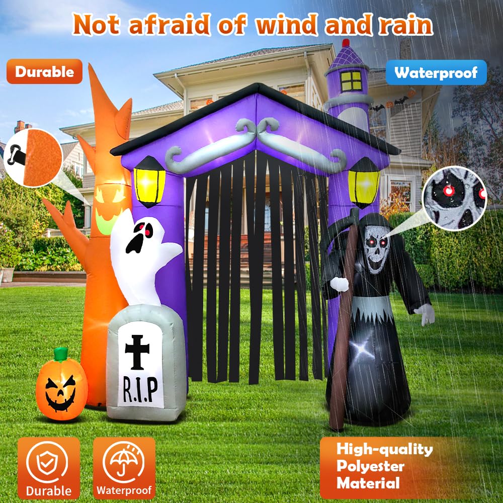9 FT Halloween Inflatables Haunted House Castle Archway Decoration with Led Light Halloween Inflatables Outdoor Decorations Blow up Inflatables for Halloween Holiday Party Lawn Yard Garden Décor