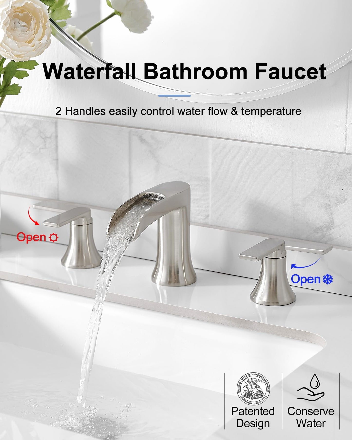 HOIGY Brushed Nickel Widespread Bathroom Faucet, 2 Handles Waterfall Faucet, Bathroom Faucets for Sink 3 Hole, 8 Inch Solid Brass Bathroom Sink Faucets for Vanity Lavatory Restroom with Pop Up Drain