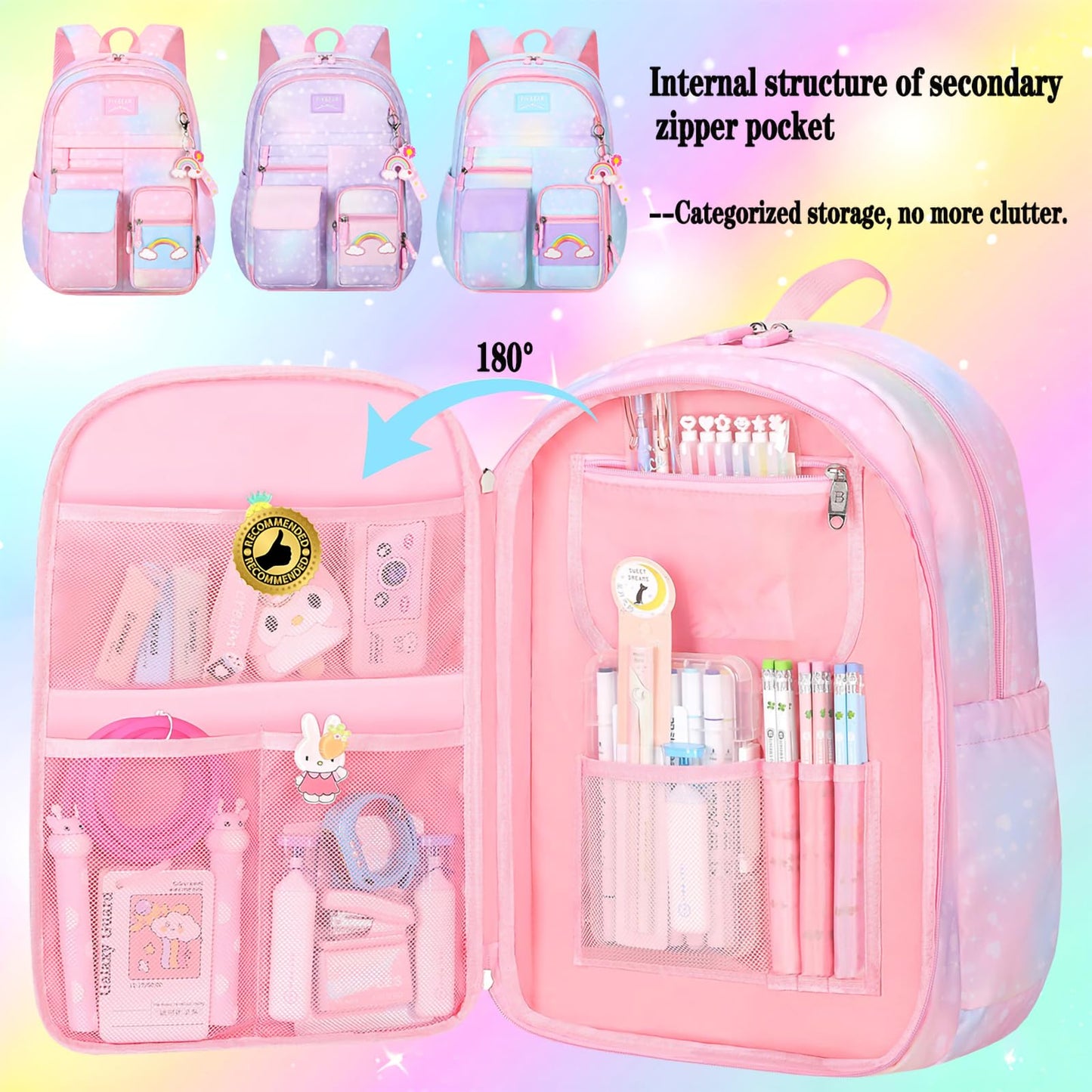 Jcobvig Rainbow Backpack For Girls Kids,Cute Student School Backpack With Pen Bag,Pink Aesthetic Starry Rainbow Laptop Travel Bag (Pink Medium 16.5in