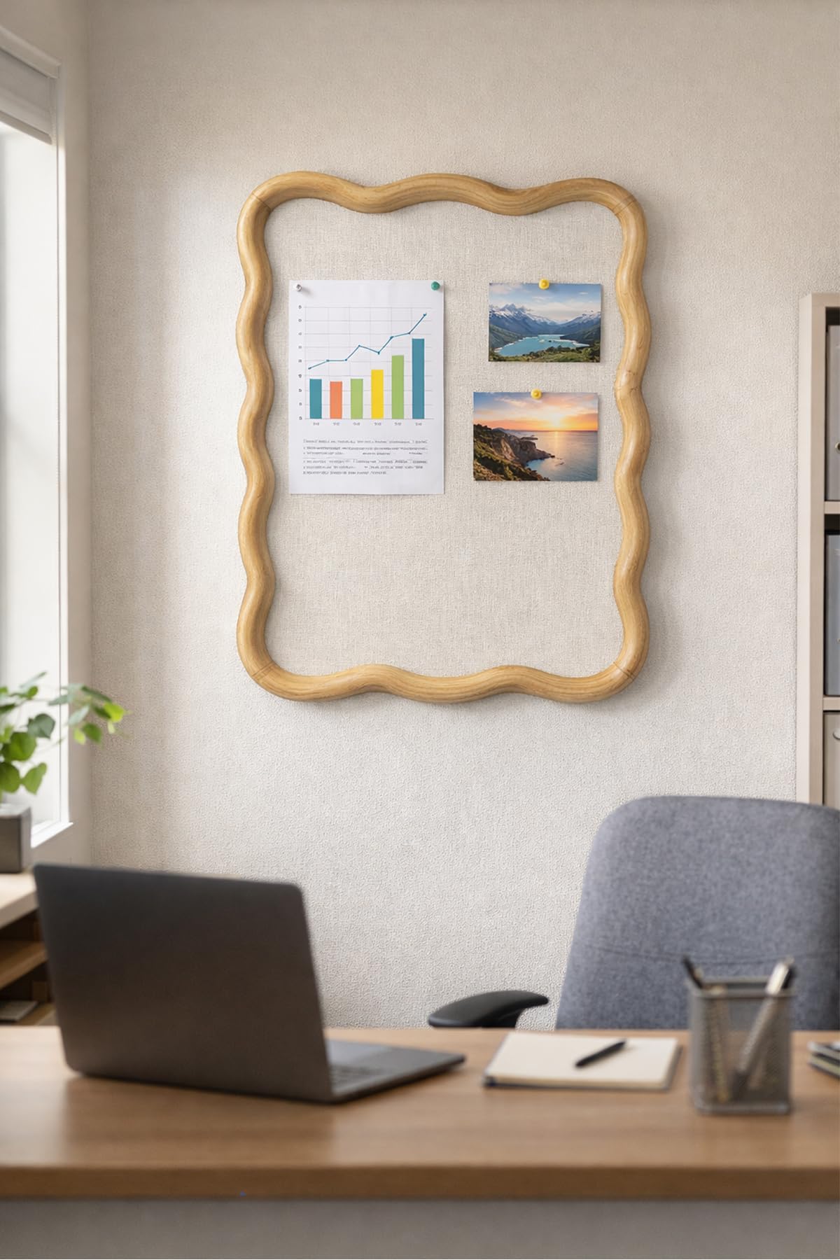YINGXUN Wavy Linen Cork Memo Board, 17.7" x 23.6", Wood Frame, Decorative Pin Display Bulletin Boards for Walls, Home Office Kitchen (Natural)