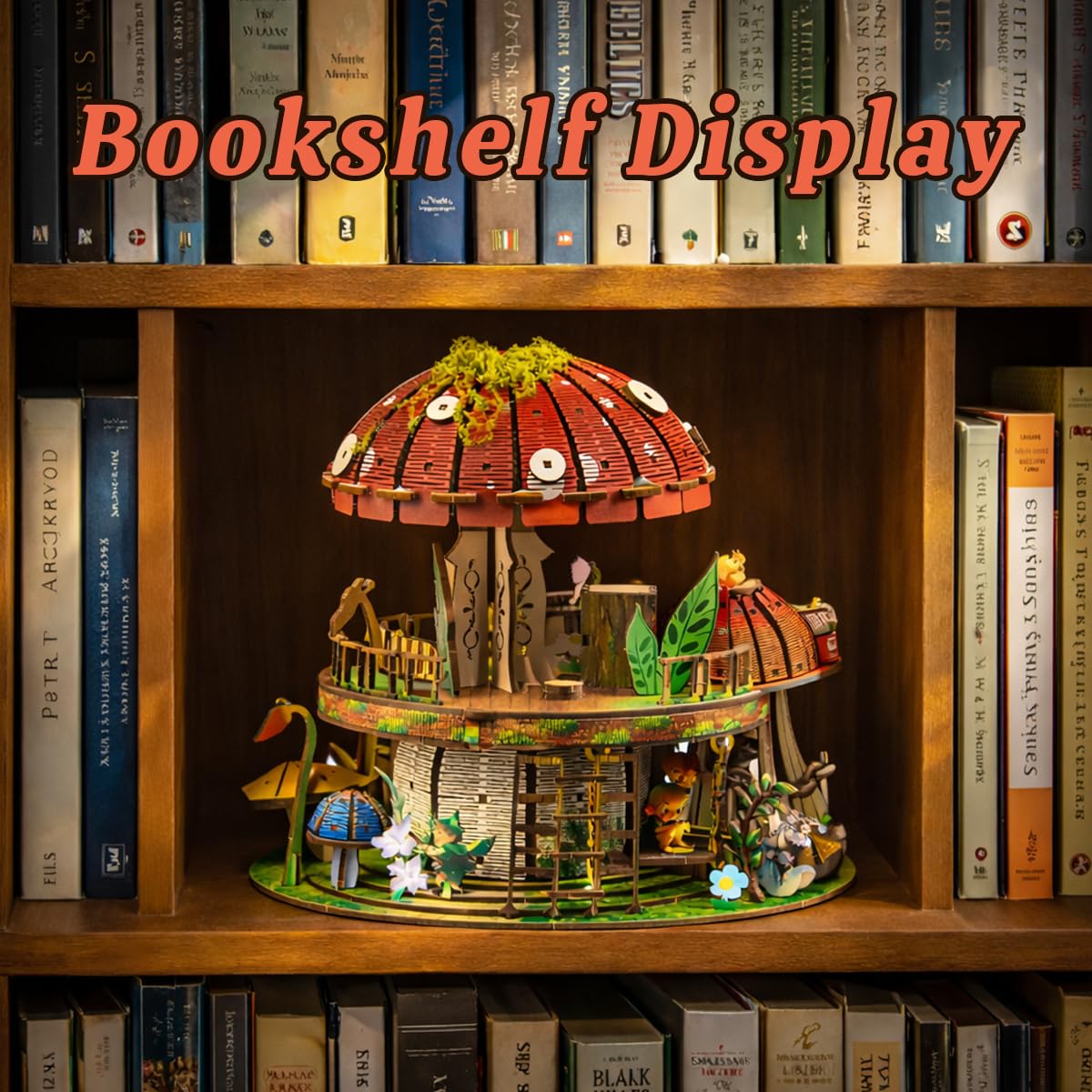 Garden Mushroom Dollhouse Book Nook Kit, DIY Miniature Wooden 3D Puzzle Dollhouse, Fantasy Bookshelf Decor Craft Building Set, Home Shelf Decoration for Adults & Teens, with String Light Edition