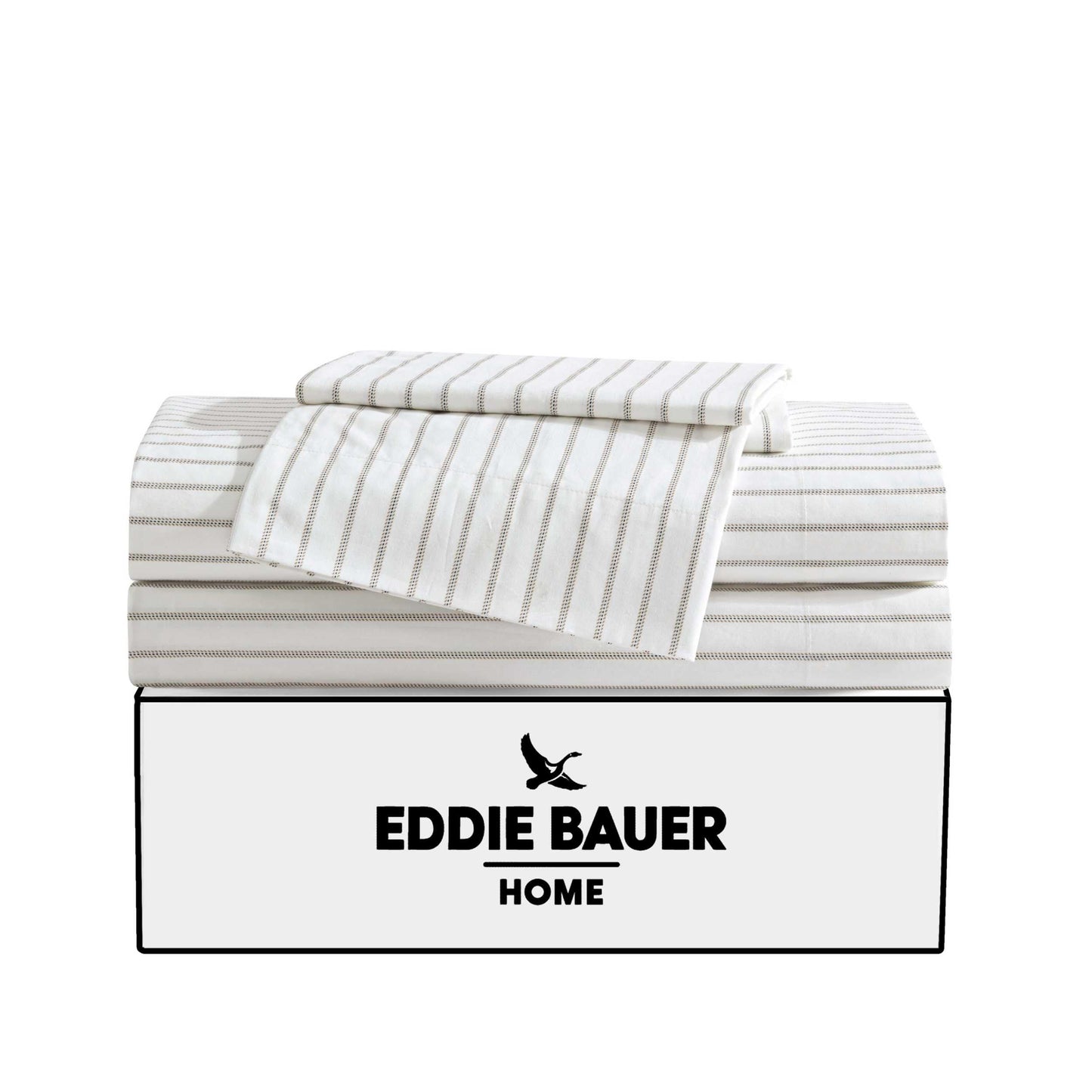 Eddie Bauer - Queen Sheet Set with Fitted Sheet & Pillowcases, 100% Cotton Percale Bedding, Crisp & Cool, Deep Pocket, Essential Stripe Beige