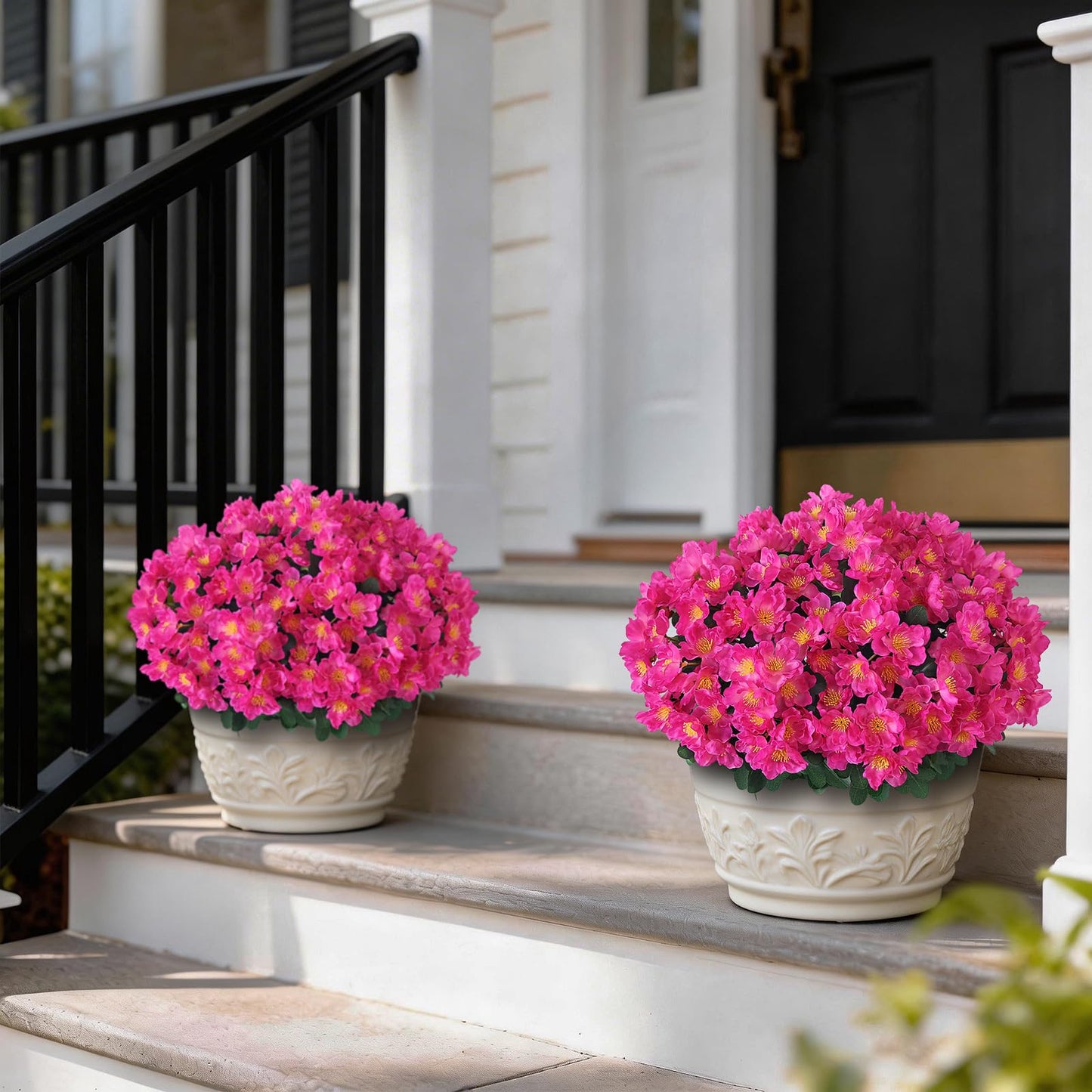 Juxdp 2 Sets of Artificial Camellia Topiary Ball Trees - Fake Flower Potted Plants, UV Resistant Faux Camellia Potted Bushes for Front Door, Farmhouse, Porch, Garden, Outdoor Decoration (Rose Red)