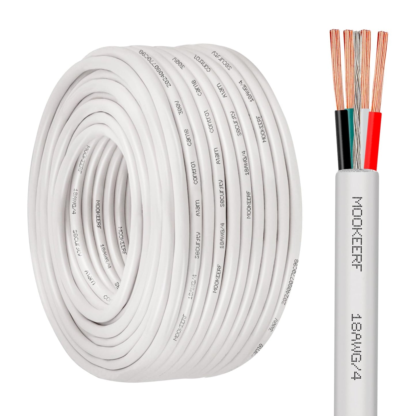 MOOKEERF 18/4 Alarm Wire Shielded Wire 100FT 18 AWG 4 Conductor Stranded Shielded Plenum Cable White CL3P Jacket for Security/Alarm/Access Control/Sound-18AWG 4 Conductors Wire
