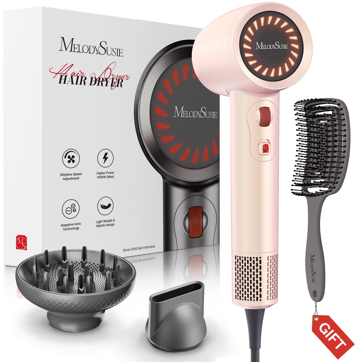 MelodySusie Hair Dryer with Diffuser,1600W Powerful Ionic Blow Dryer with Diffuser,Nozzle and Hair Brush,3 Temps & Stepless Speed,120000 RPM Fast Drying Low Noise Hairdryer,Ideal for Women Curly
