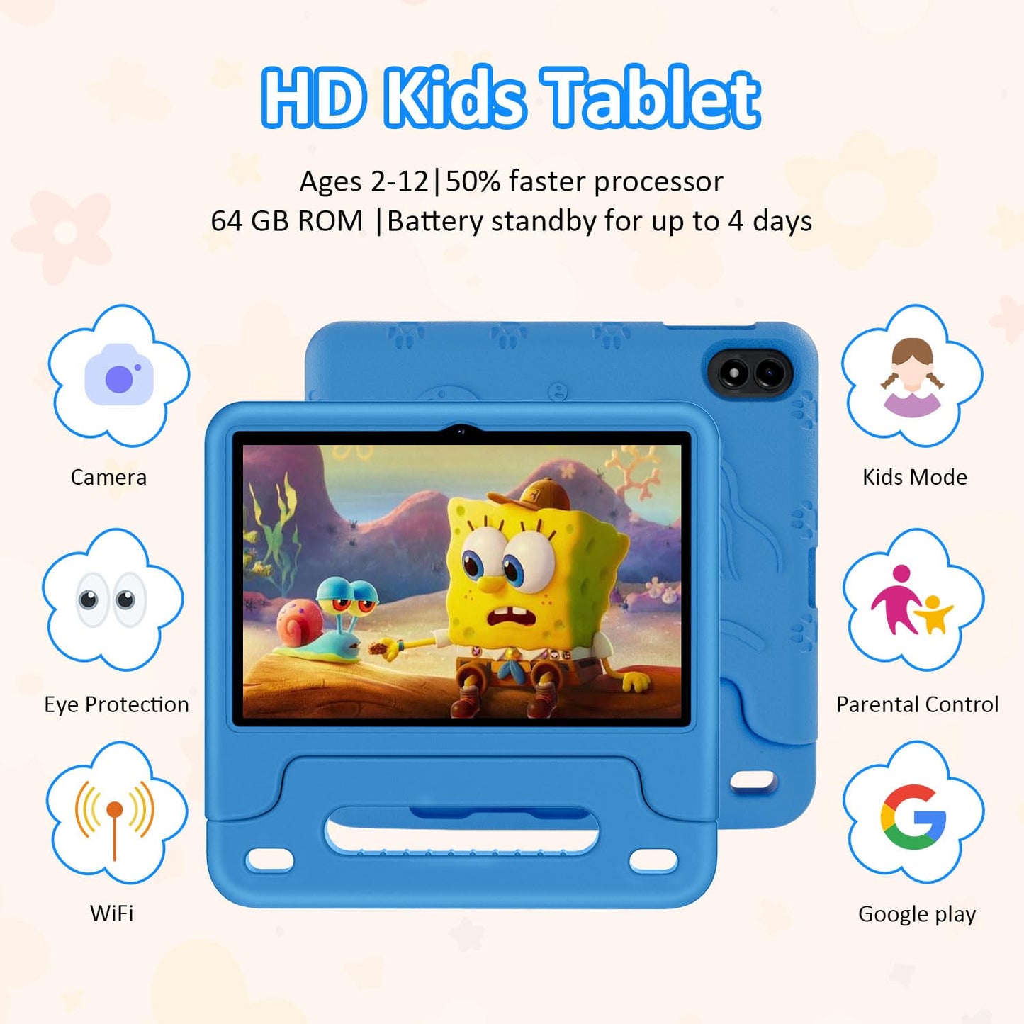 WXUNJA Kids Tablet, Android 14 Tablet for Kids 10.1 inch, 2024 Toddler Tablet Octa-Core 64GB 1TB Expandable,Children's Tablet with Case, Support Parental Control/Dual Camera/Dual Band WiFi - Blue