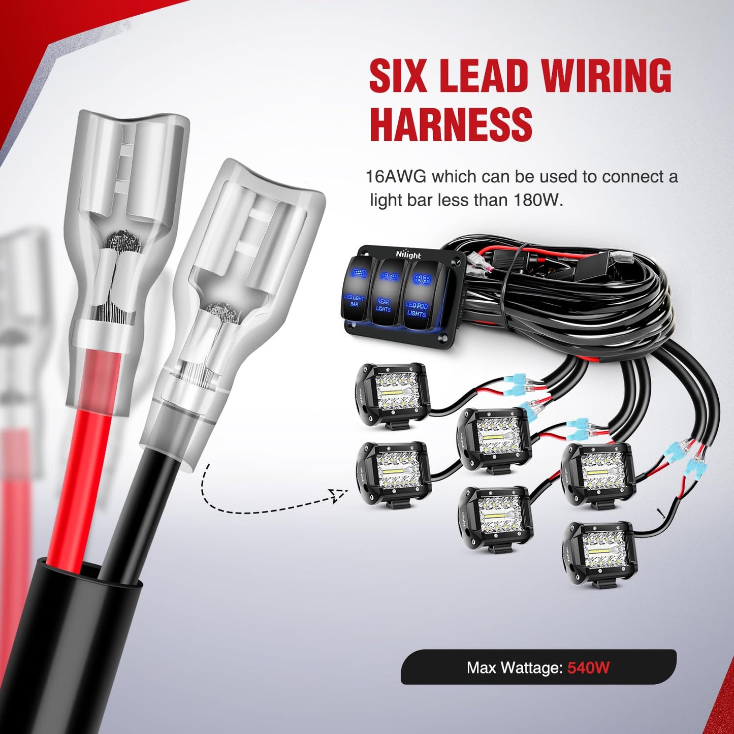 Nilight 16AWG LED Light Bar Wiring Harness Kit 12V On/Off 3 Gang Laser Etched LED Pod Lights Rocker Switch Panel Power Relay Fuse 5Pin Toggle Switch for Cars Boat ATV Trucks-4 Leads, 2 Years Warranty