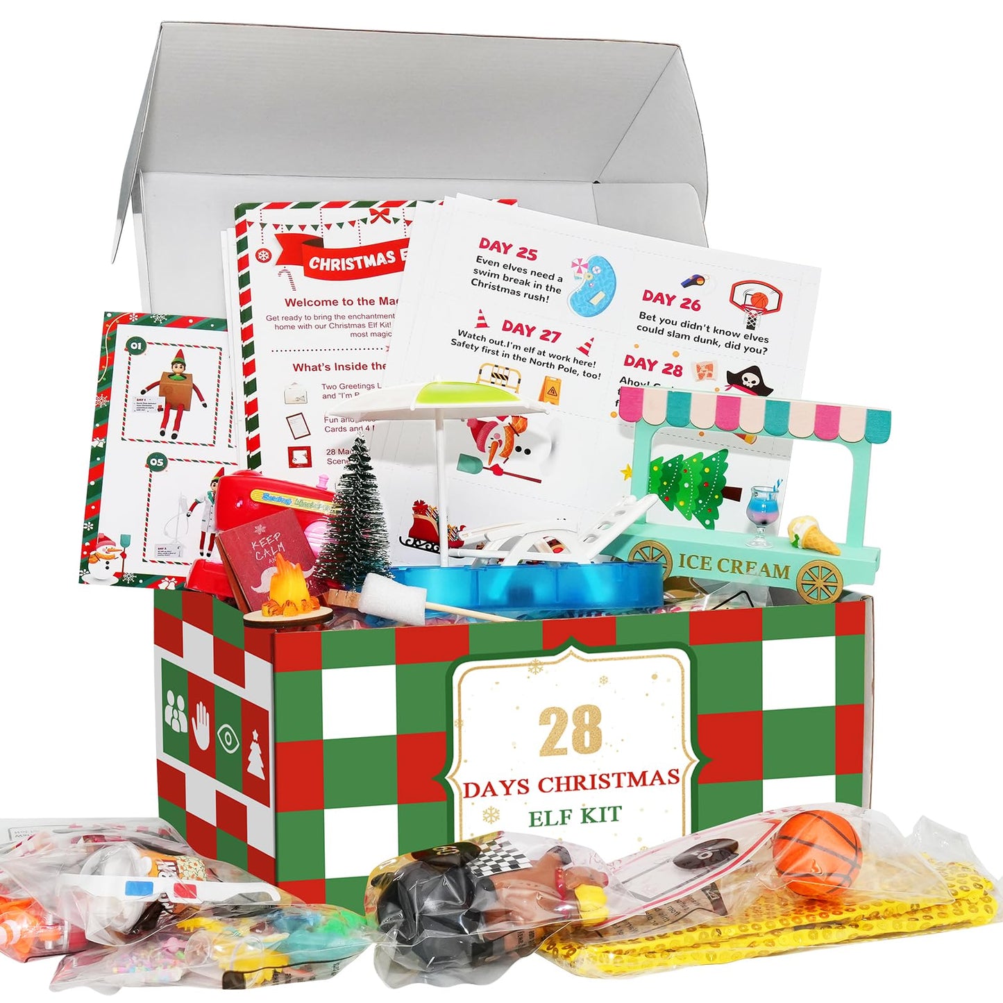 YFOMLLS 24-Day Christmas Elf Adventure Kit 2024 With Scenes Idea, Props & Accessories - Helper Box for 24 Days