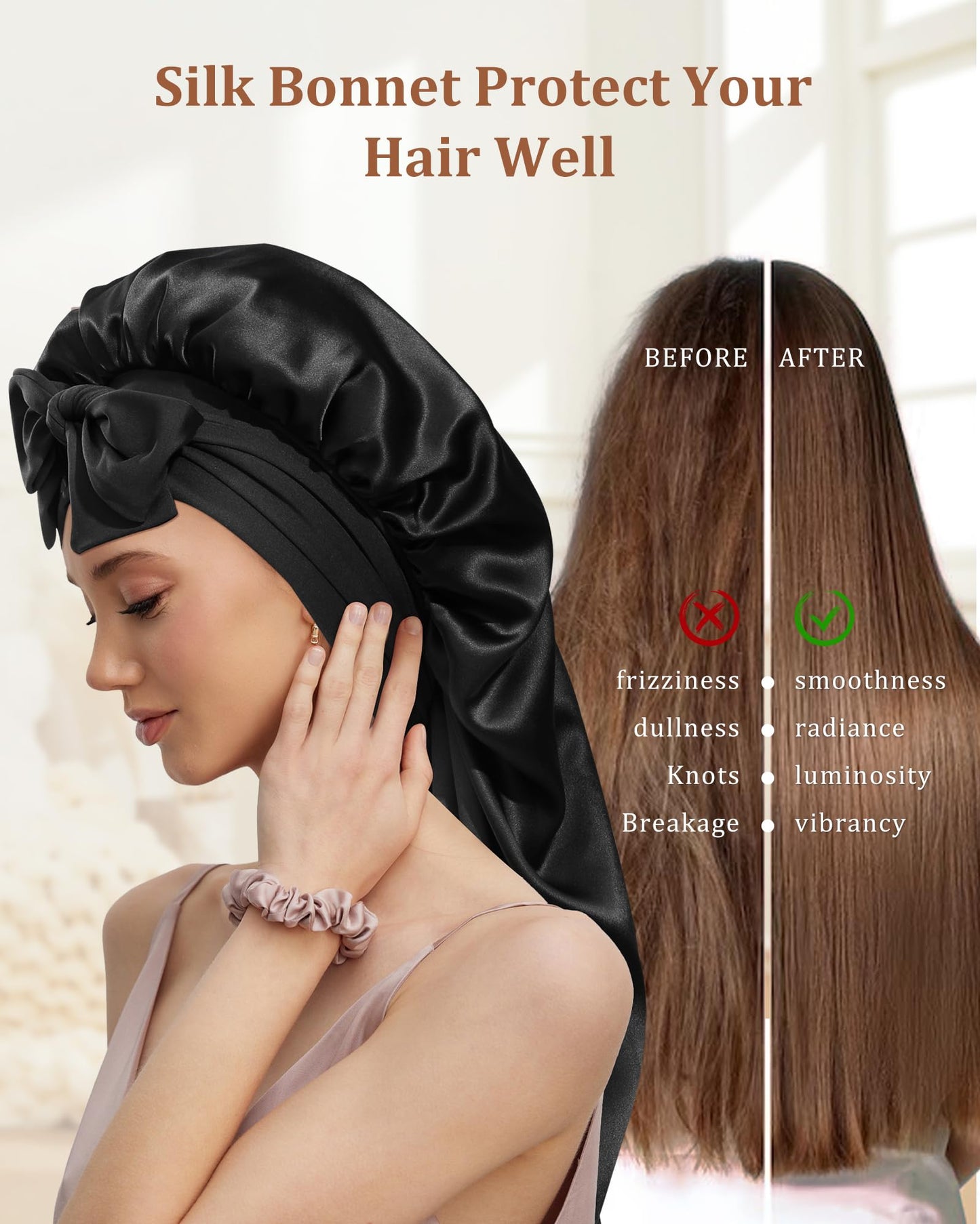 AWAYTR Long Silk Bonnet for Sleeping - 100% Mulberry Silk Bonnet for Women Long Hair Sleep Cap with Elastic Tie Band (Black)