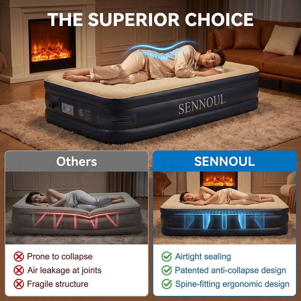 SENNOUL Twin Air Mattress with Built-in Pump,Fast & Easy Inflation/Deflation Inflatable Mattress, Foldable Blow Up Mattress with Storage Bag, Inflatable Bed for Home, Camping & Guests,16"/550lbs Max