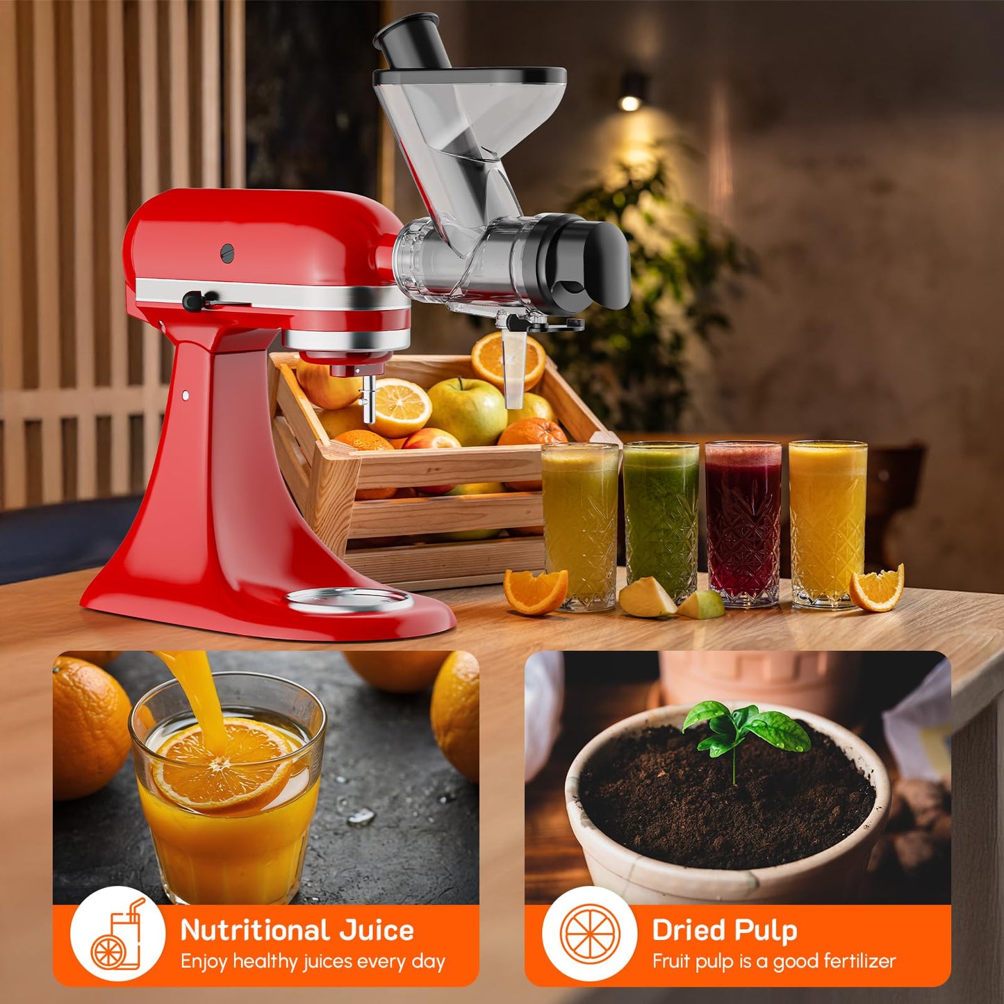 Cofun Masticating Juicer Attachment for KitchenAid, Slow Juicer with Dual Feed Chute, High Juice Yield & Easy to Clean Cold Press Juicer Machine, Compatible with All KitchenAid Stand Mixers