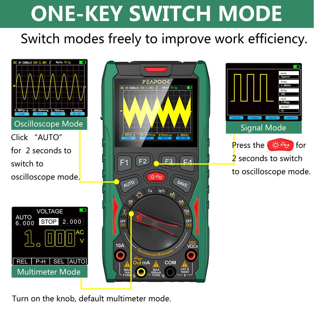 YEAPOOK 3 in 1 Handheld Digital Oscilloscope Multimeter Portable Oscilloscopes, 12MHz Bandwidth, 50MSa/s Sampling Rate with Multimeter and Signal Generator (YP101A)