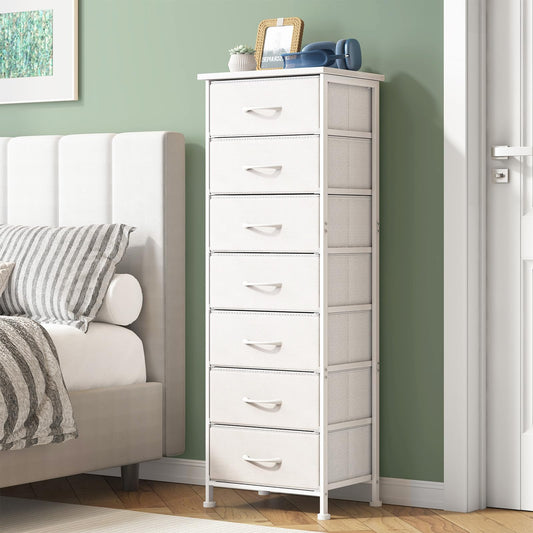 Fixwal Tall Narrow White Dresser for Bedroom, Storage Dresser Organizer with 7 Fabric Drawers, Nightstand Furniture in Closet, Entryway, Hallway