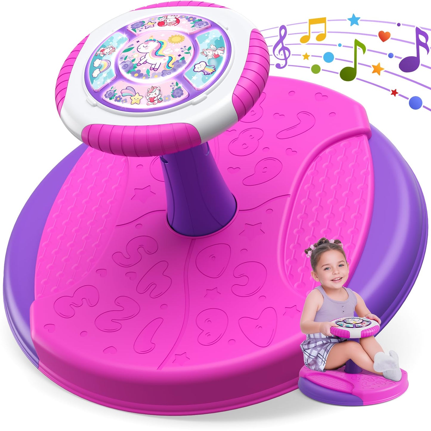 HYES Unicorn Sit and Spin Toys for Toddlers 1-3 Girls, 360° Toddler Spinning Seat with LED Lights and Music, Sensory Toys Birthday Gift for Kids 3-5