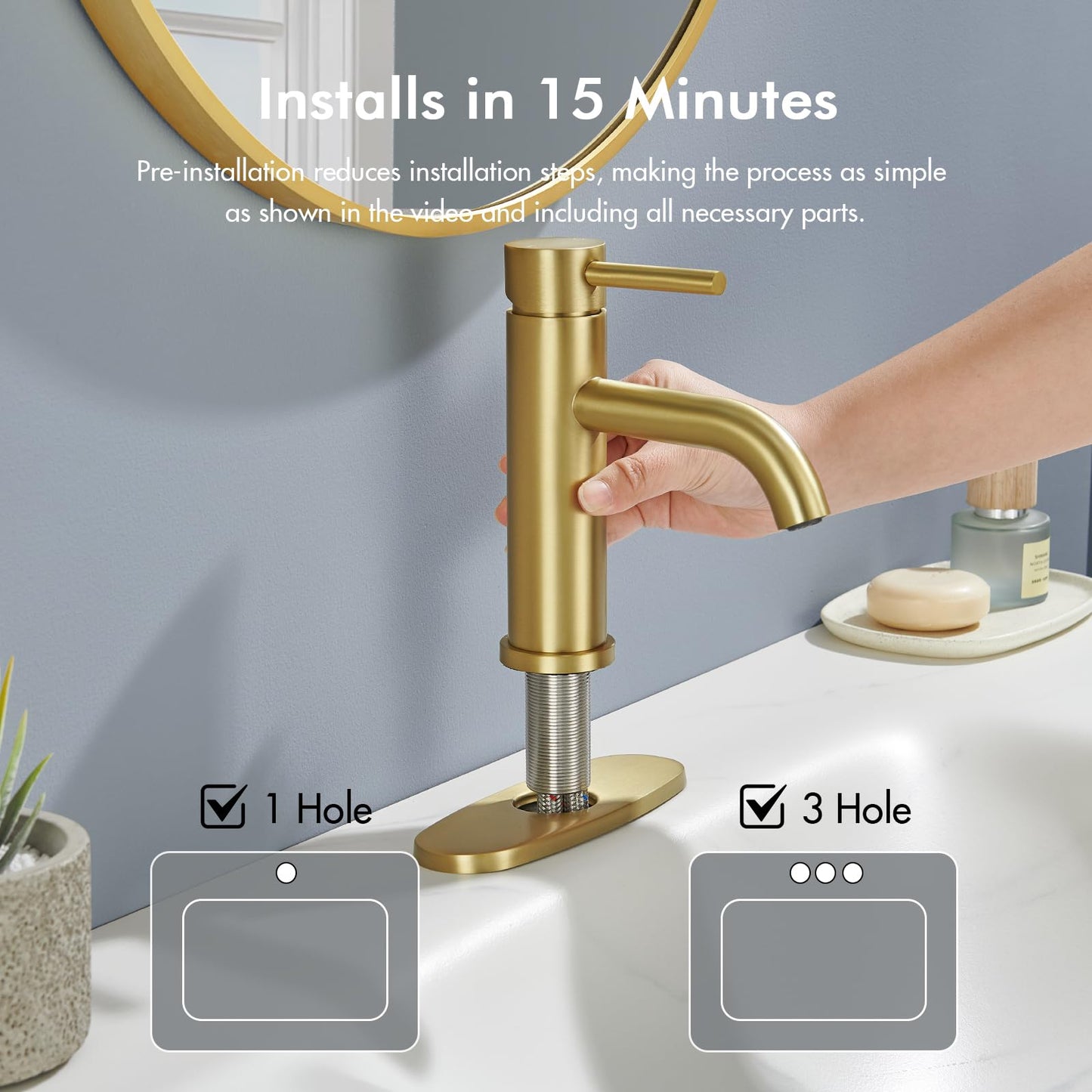 Gold Bathroom Faucet, WINKEAR Single Hole Bathroom Faucet with Pop-up Drain and Flexible Hoses, Single Handle for Sink, Vanity, RV, Modern Farmhouse, Suitable for 1 Hole or 3 Hole