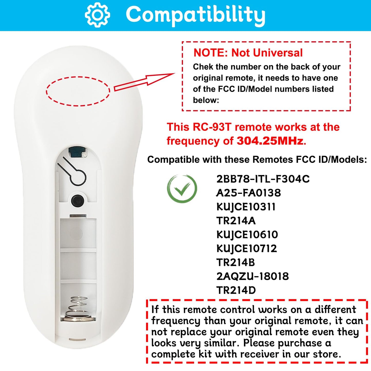 Ceiling Fan Remote Control Replacement for Harbor Breeze, Replace for A25-FA0138, KUJCE10311, TR214B, KUJCE10712, TR214A, KUJCE10610, Light Dimmer with 3 Speeds, 304.25MHz (Remote Only)