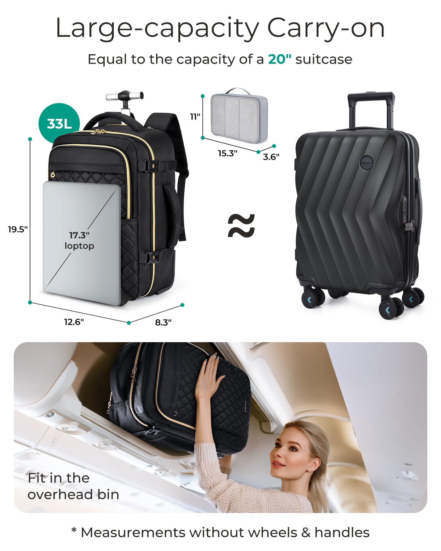 BAGSMART Rolling Backpack for Women, Wheeled Backpack with Packing Cube, Travel Backpack with Wheels, Carry On Suitcase Bag with Wheels 17 Inch Large Roller Backpack, Champagne