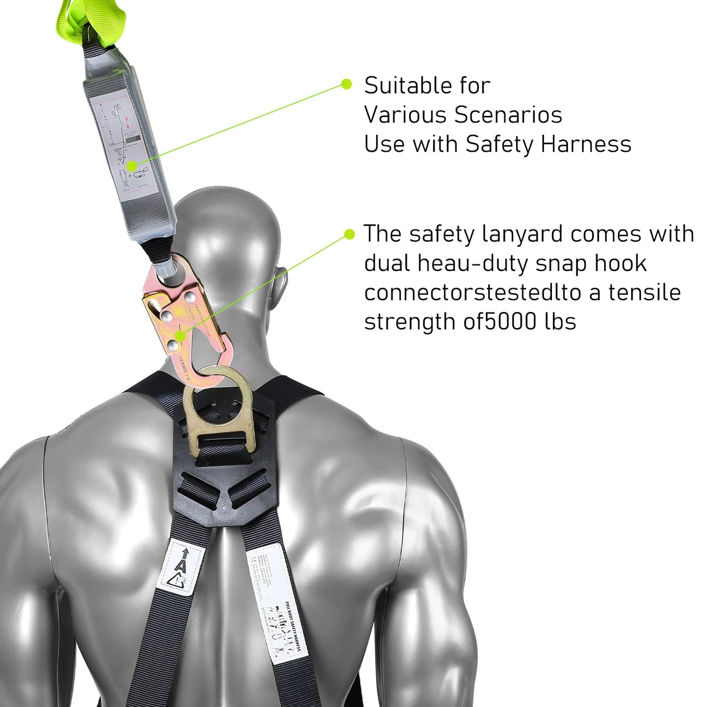 6FT Double Leg Internal Shock Absorbing Safety Fall Protection Lanyard with Dual Rebar & Snap Hook |Heavy-Duty Webbing | Roofer, Construction, Scaffolding | OSHA & ANSI Rated (A-Shock Absorbing)