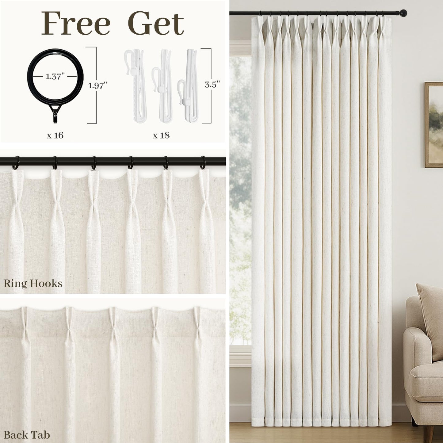 90 inch Pinch Pleated Linen Curtains for Living Room Bedroom Natural Ivory Birch Boho Country Thick Linen Textured Light Filtering Pinch Pleat Drapes Back Tab Semi Sheer Window Curtain 2 Panels