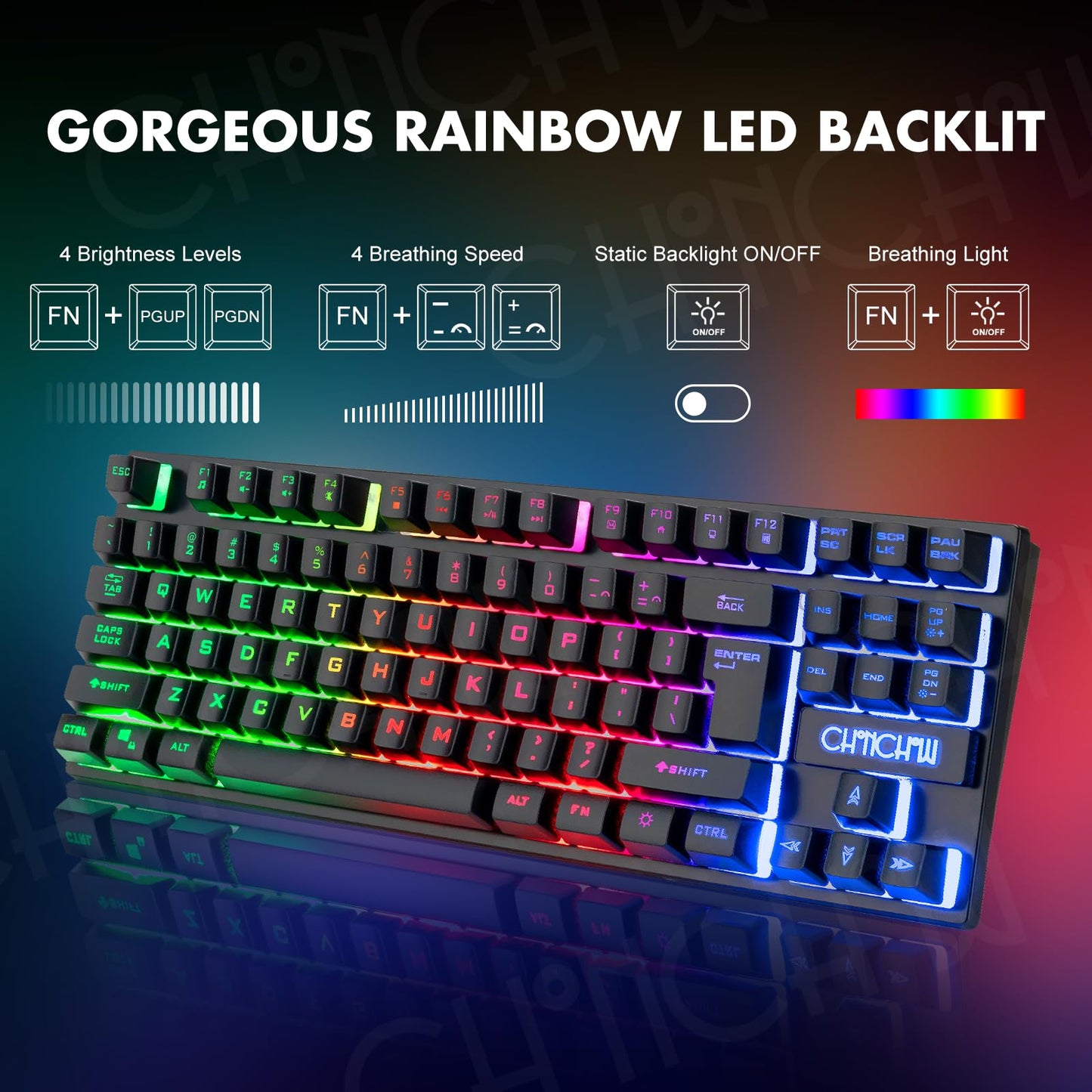 CHONCHOW Wireless Gaming Keyboard and Mouse Combo, Rechargeable 87 Key LED Light Up Keyboard Ergonomic Wireless Gaming Mouse, Backlit Wireless Gaming Mouse and Keyboard for Xbox PS4 PS4 PC Laptop
