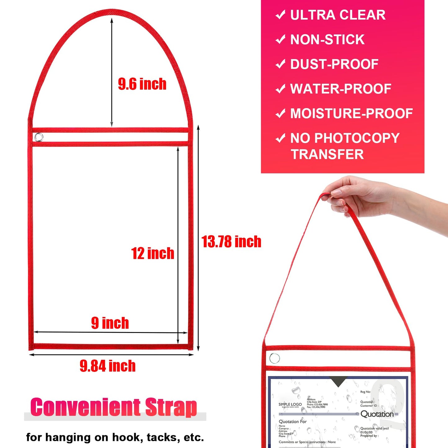 Epakh 30 Pack Office Products Shop Ticket Holders with Hanging Strap 9 x 12 Inches, Dry Erase Pockets, Job Ticket Holders, Both Sides Clear, Welcome to Work Order(Red)