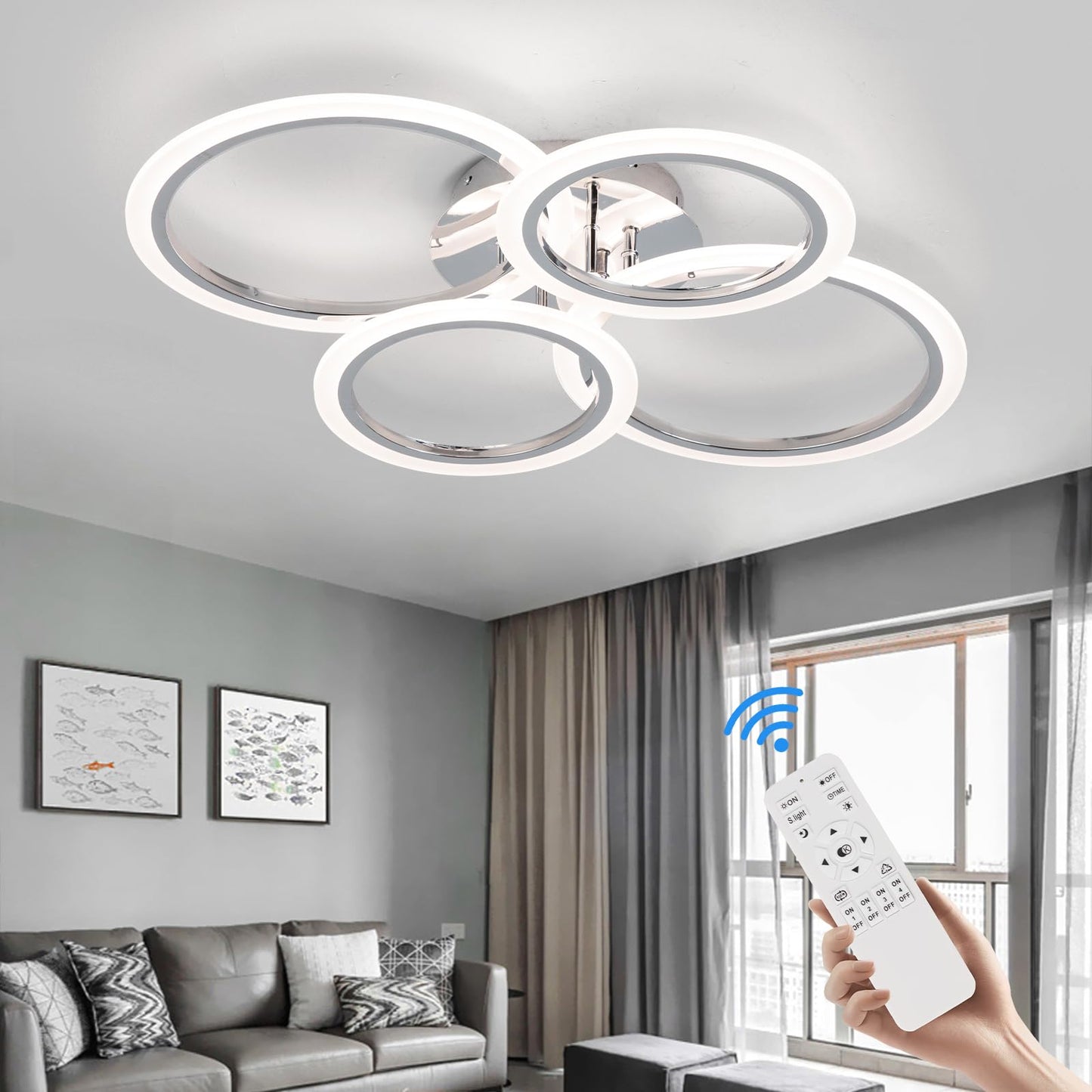 Vloitgol Modern LED Ceiling Light Fixture, 4 Rings Dimmable Flush Mount Ceiling Light with Remote, Acrylic Close to Ceiling Lighting Fixture for Low Ceiling Living Room Bedroom Kitchen (4 Heads)
