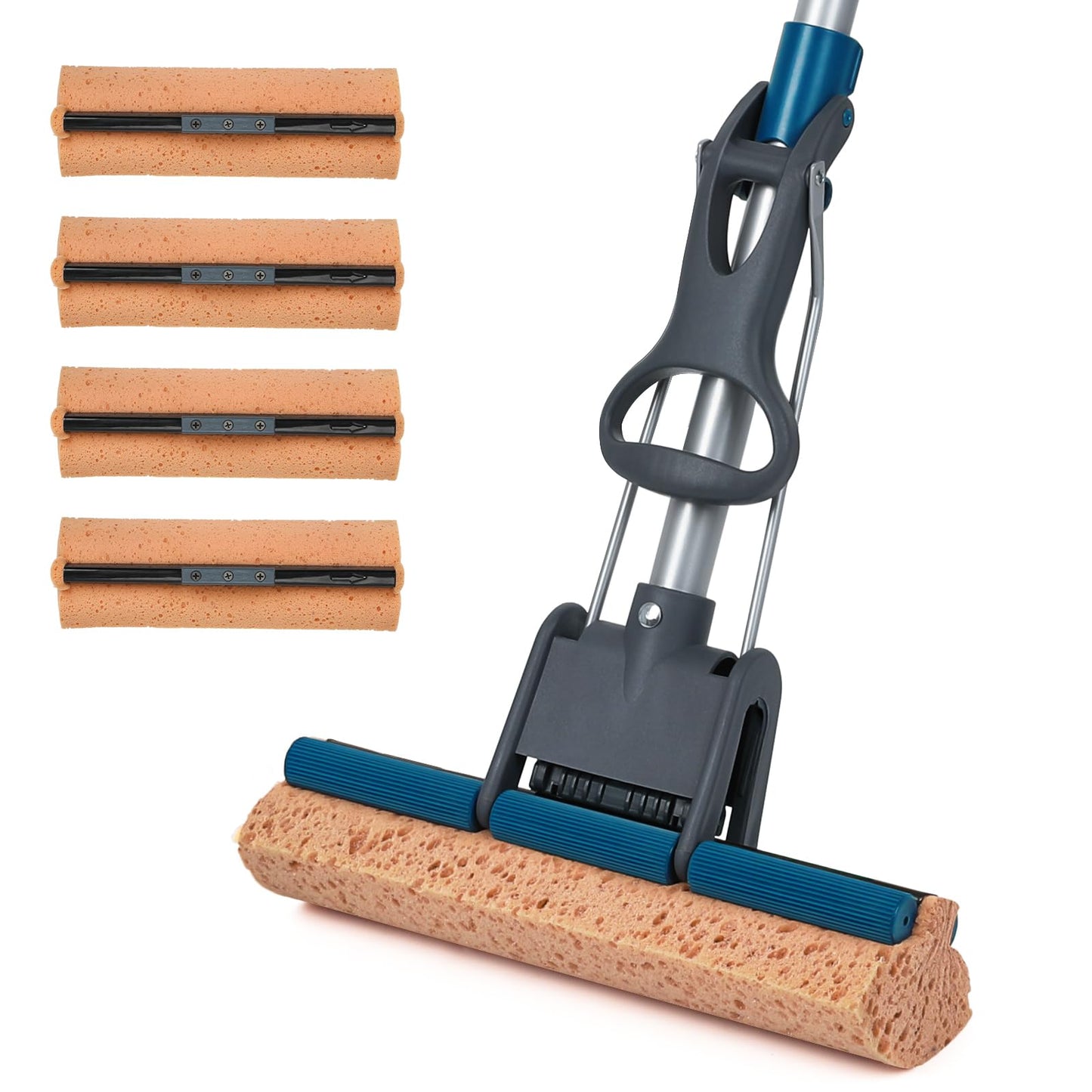 Sponge Mop for Floor Cleaning, 50" Heavy Duty Roller Mop with 4 Cellulose Refill Heads, Easy Self-Squeeze for Hardwood Tile Concrete, Wall Ceiling